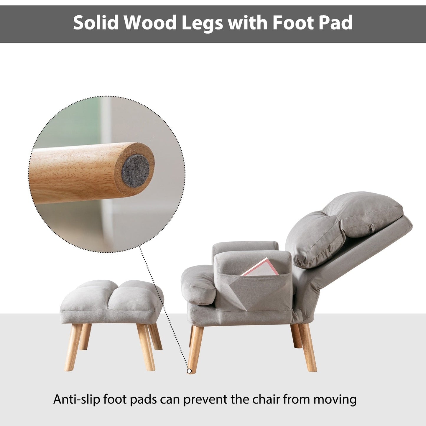 Fauteuil de salon confortable en tissu avec dossier et repose-pieds réglables.