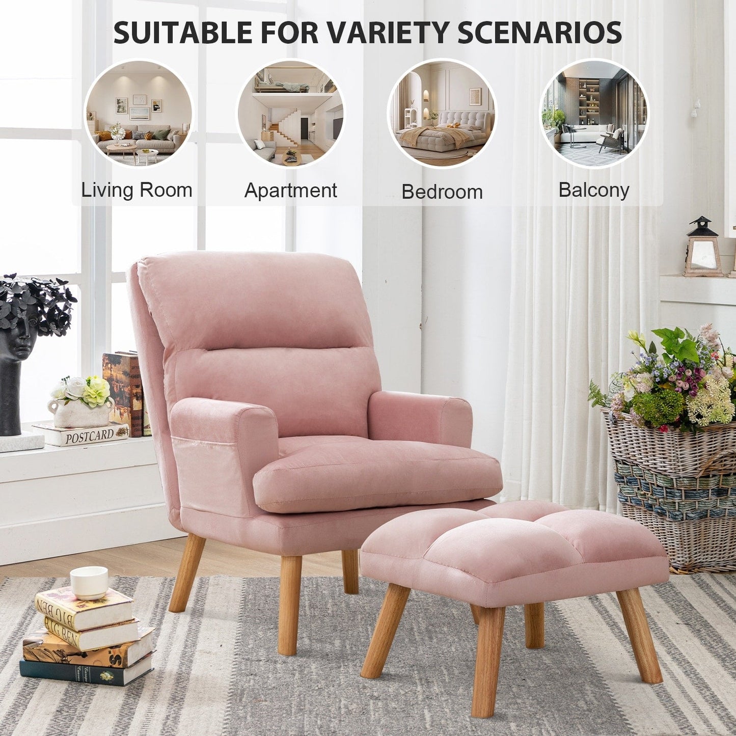Fauteuil de salon confortable en tissu avec dossier et repose-pieds réglables.