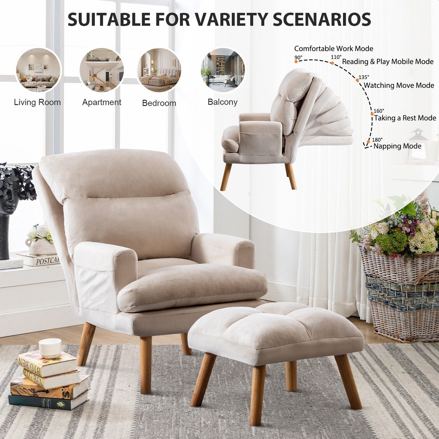 Fauteuil de salon confortable en tissu avec dossier et repose-pieds réglables.