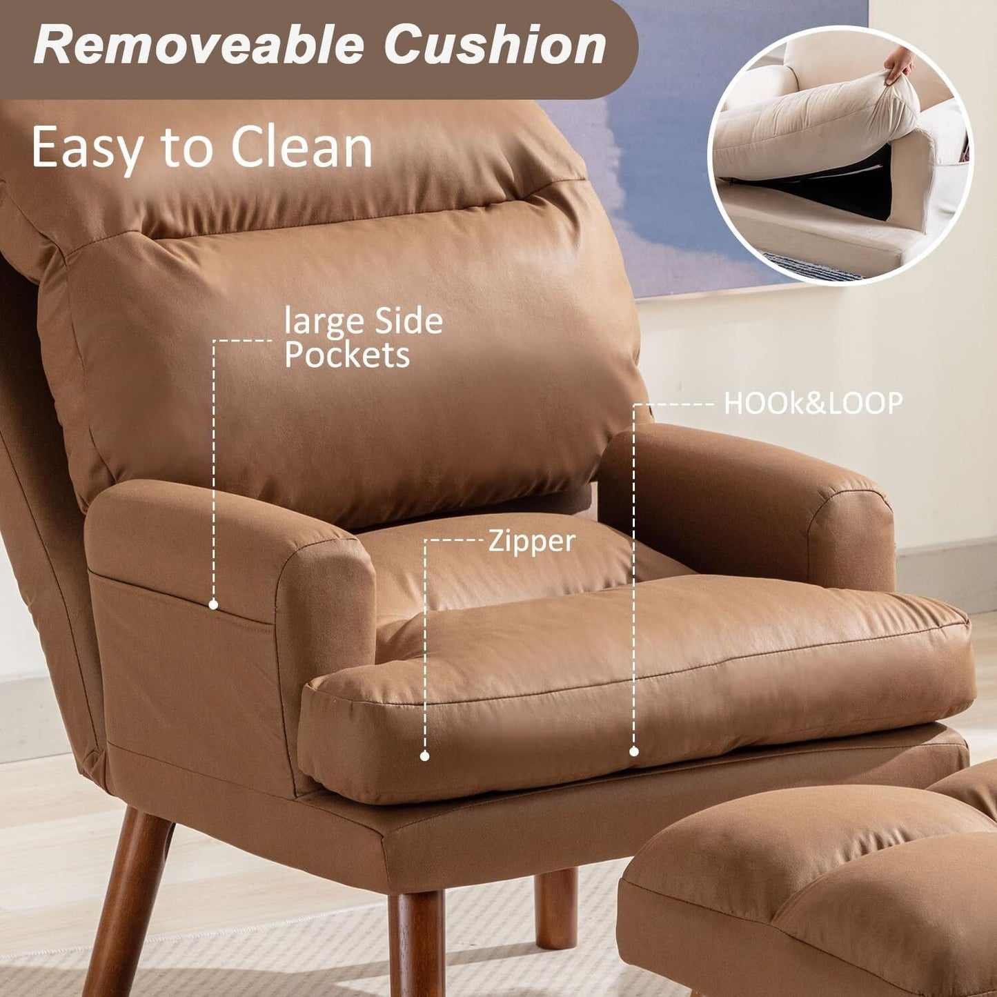 Fauteuil de salon confortable en tissu avec dossier et repose-pieds réglables.