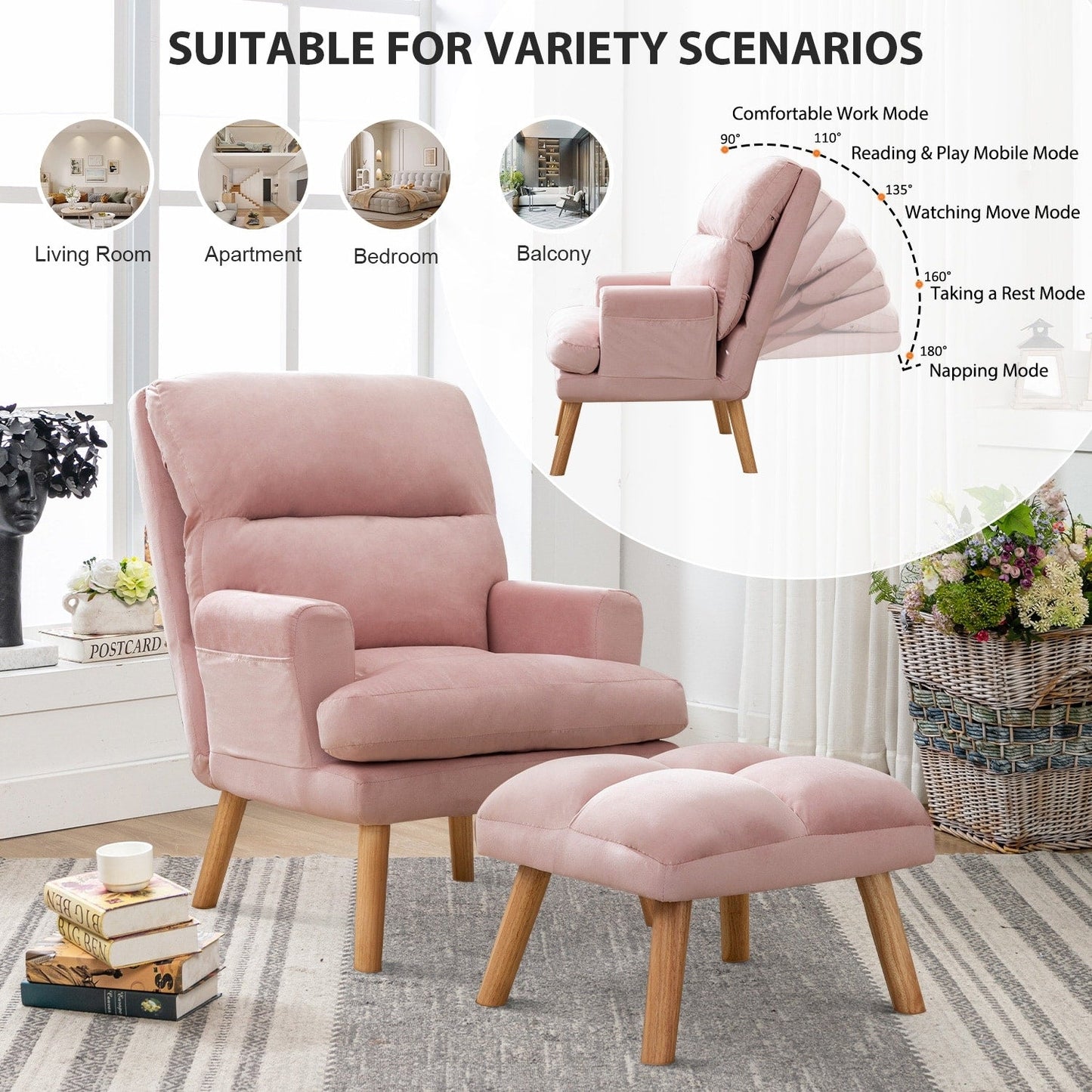 Fauteuil de salon confortable en tissu avec dossier et repose-pieds réglables.