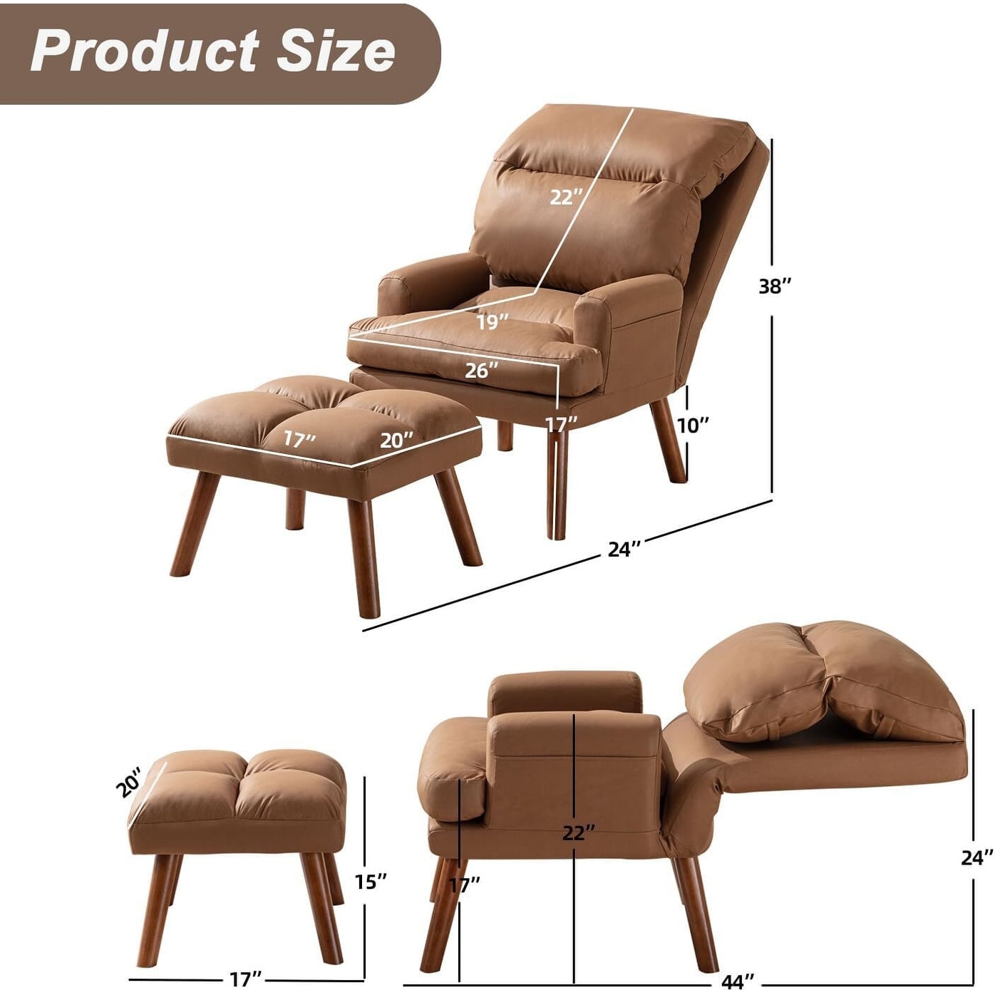 Fauteuil de salon confortable en tissu avec dossier et repose-pieds réglables.