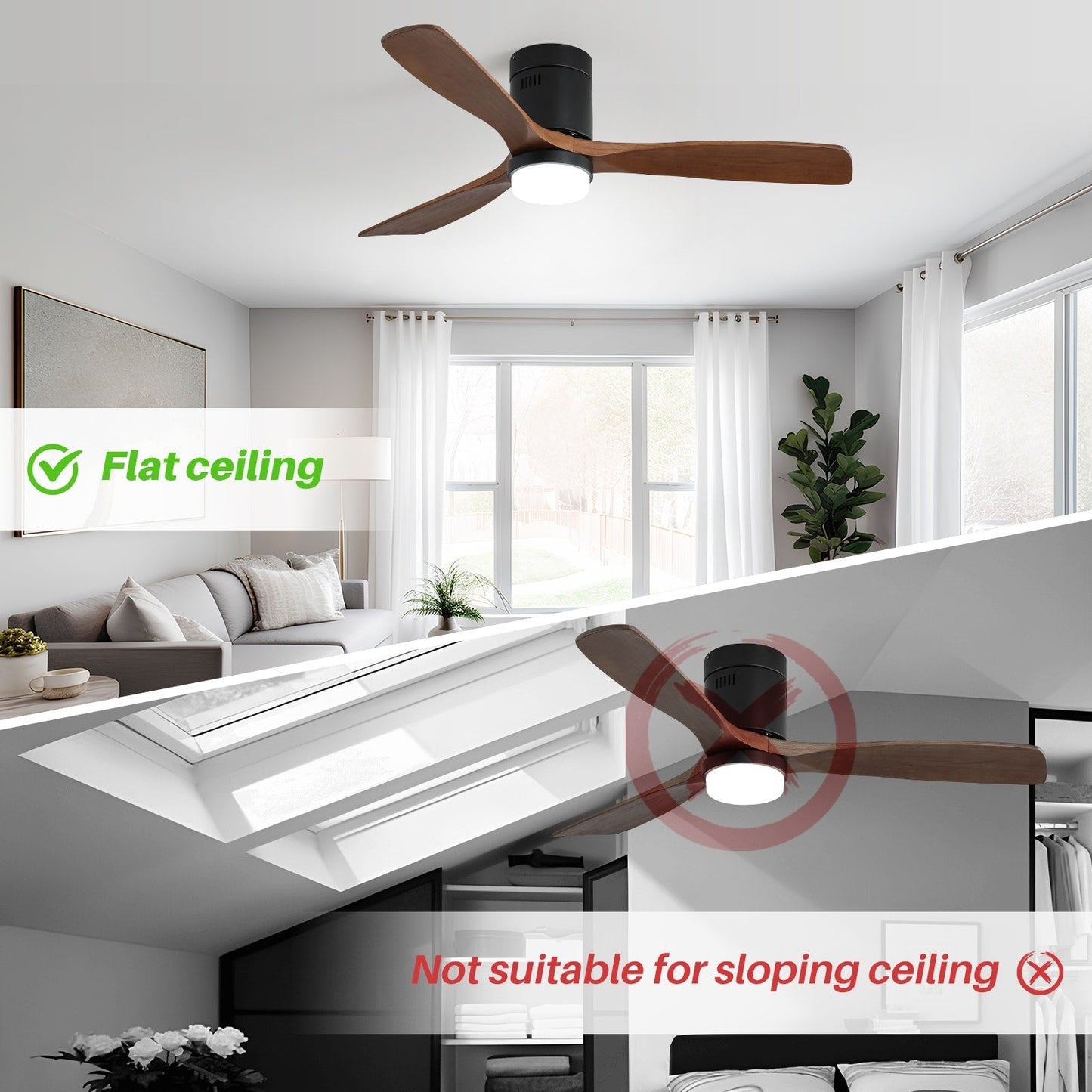 Ventilateur de plafond Sofucor à montage encastré de 52 pouces avec télécommande, moteur réversible, éclairage intégré en option.