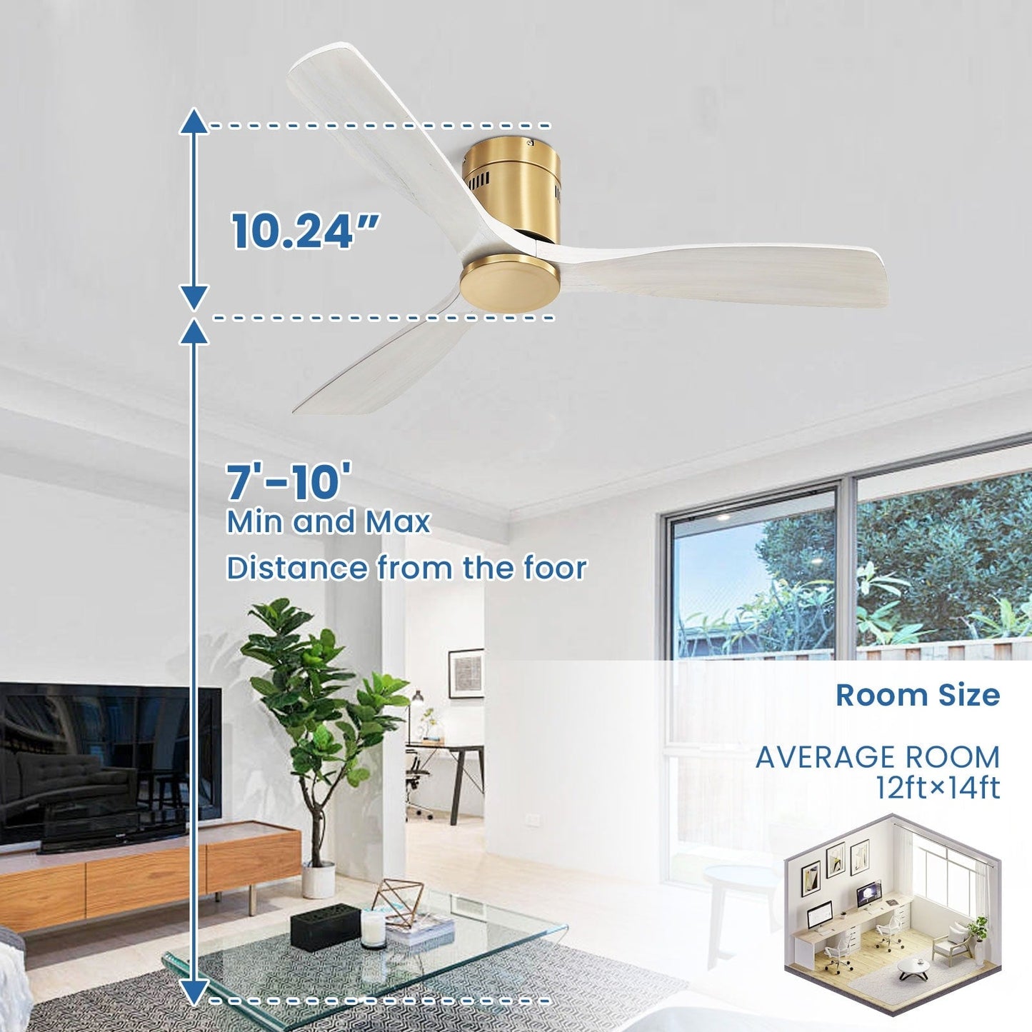 Ventilateur de plafond Sofucor à montage encastré de 52 pouces avec télécommande, moteur réversible, éclairage intégré en option.