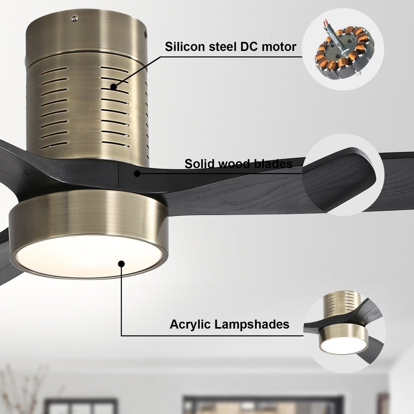 Ventilateur de plafond Sofucor à montage encastré de 52 pouces avec télécommande, moteur réversible, éclairage intégré en option.