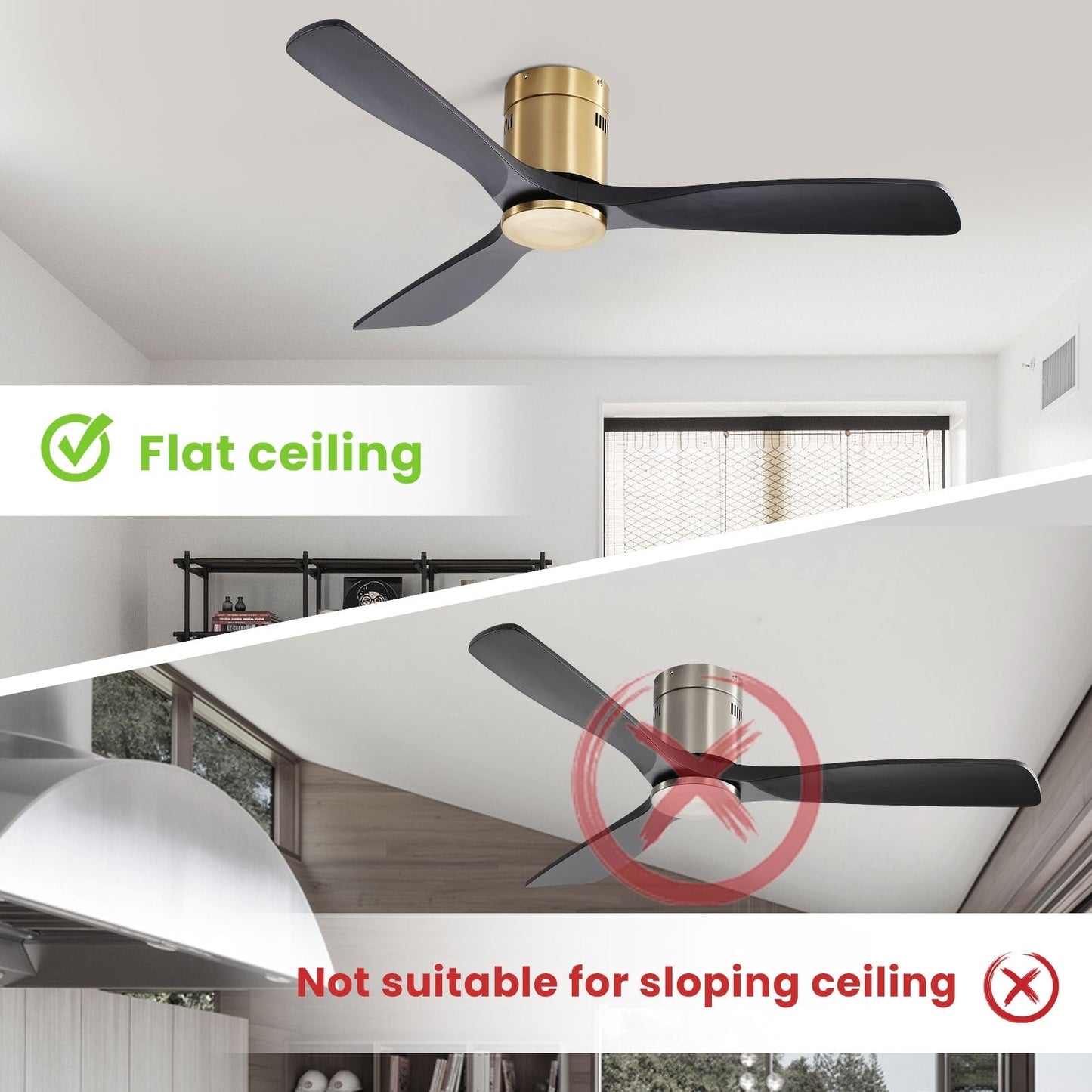 Ventilateur de plafond Sofucor à montage encastré de 52 pouces avec télécommande, moteur réversible, éclairage intégré en option.