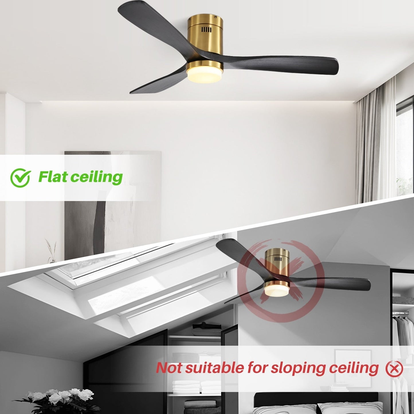 Ventilateur de plafond Sofucor à montage encastré de 52 pouces avec télécommande, moteur réversible, éclairage intégré en option.