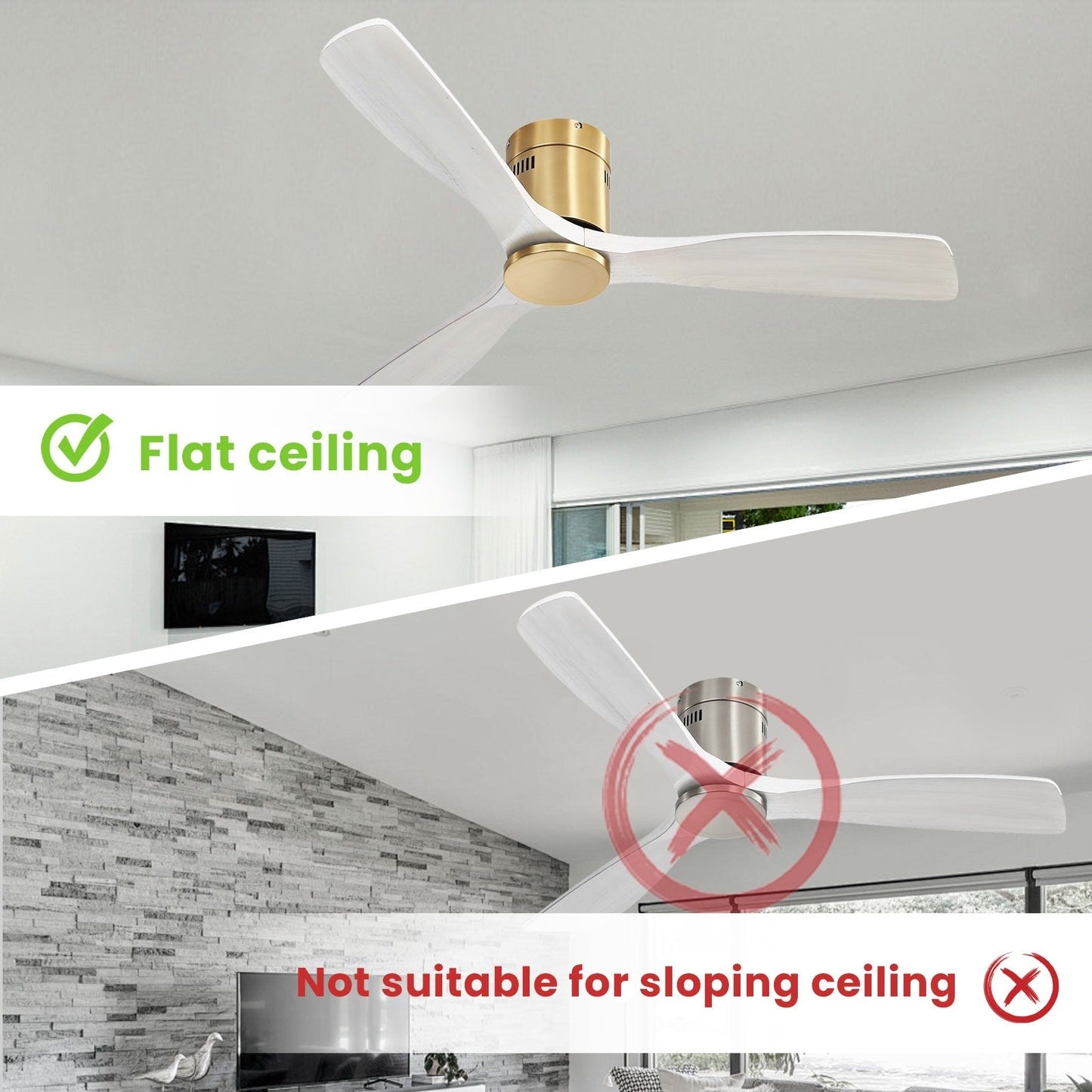 Ventilateur de plafond Sofucor à montage encastré de 52 pouces avec télécommande, moteur réversible, éclairage intégré en option.