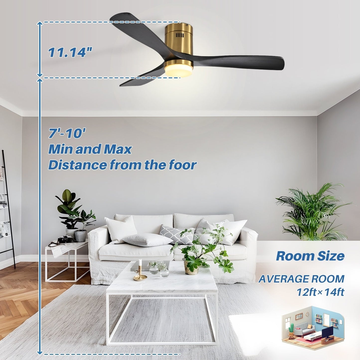 Ventilateur de plafond Sofucor à montage encastré de 52 pouces avec télécommande, moteur réversible, éclairage intégré en option.