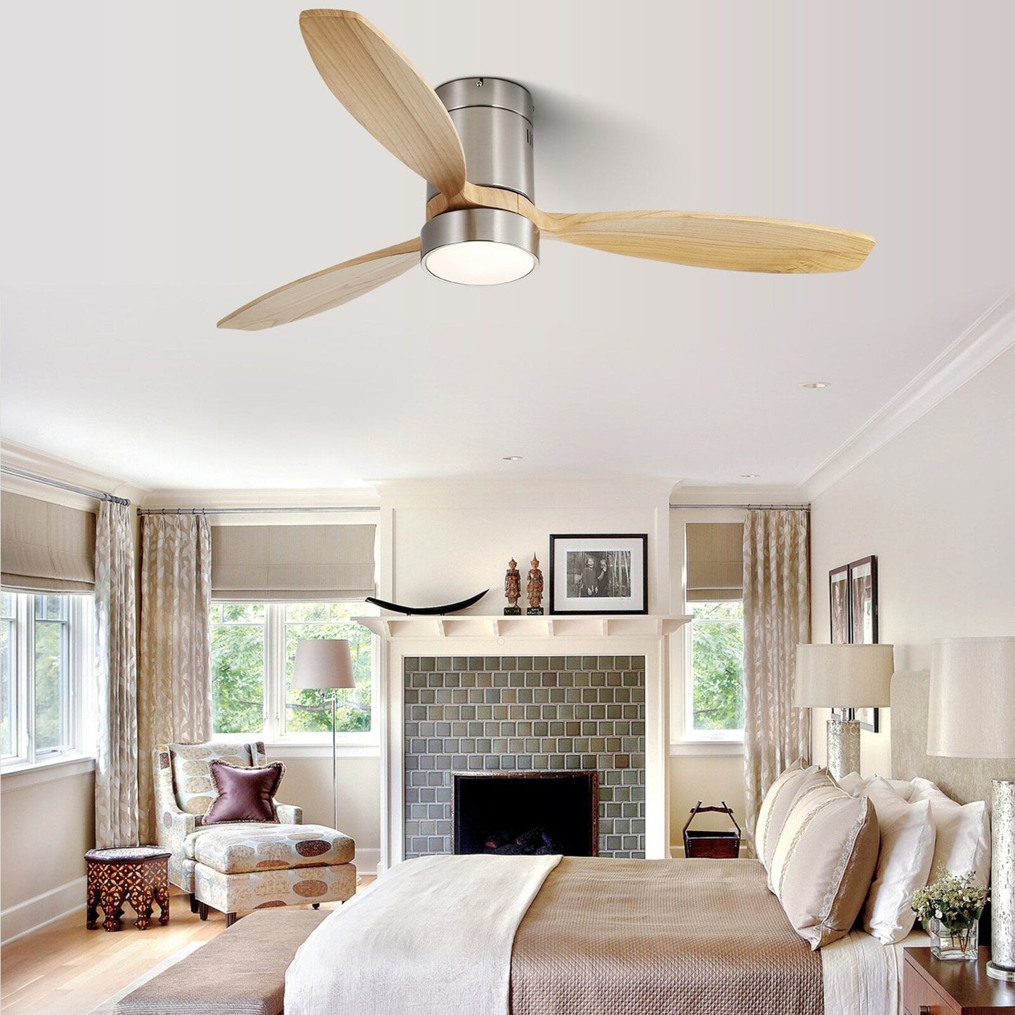 Ventilateur de plafond Sofucor à montage encastré de 52 pouces avec télécommande, moteur réversible, éclairage intégré en option.