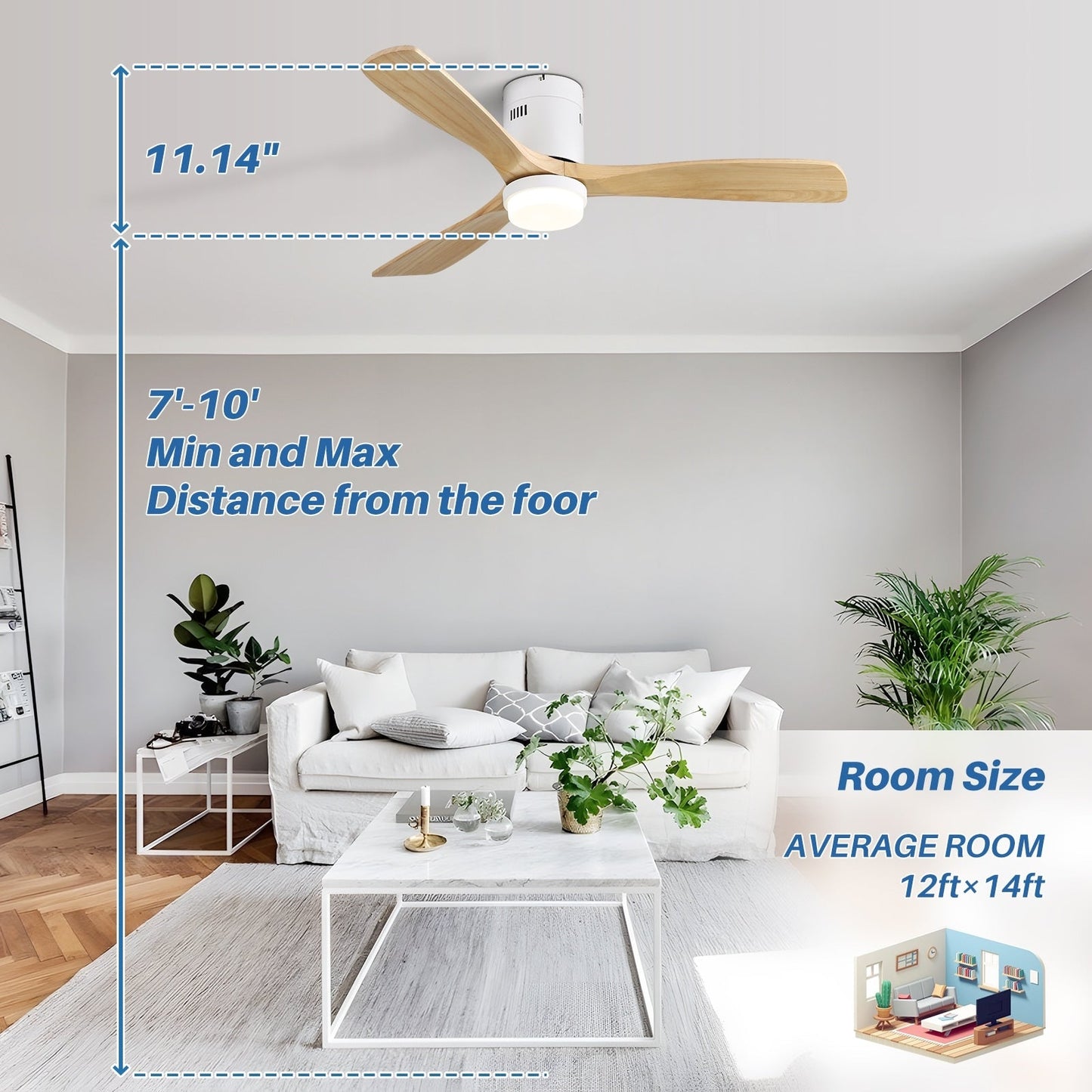 Ventilateur de plafond Sofucor à montage encastré de 52 pouces avec télécommande, moteur réversible, éclairage intégré en option.
