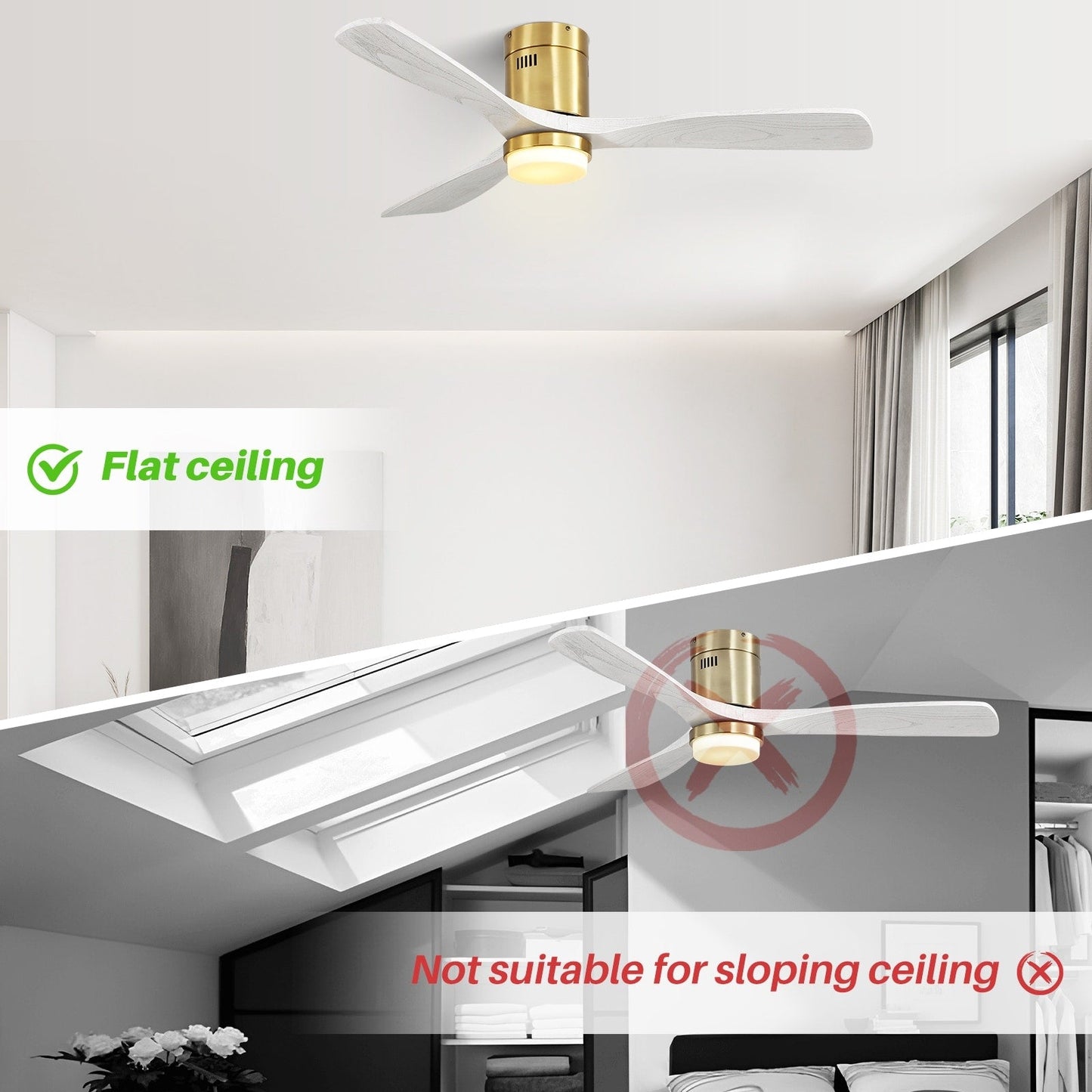 Ventilateur de plafond Sofucor à montage encastré de 52 pouces avec télécommande, moteur réversible, éclairage intégré en option.