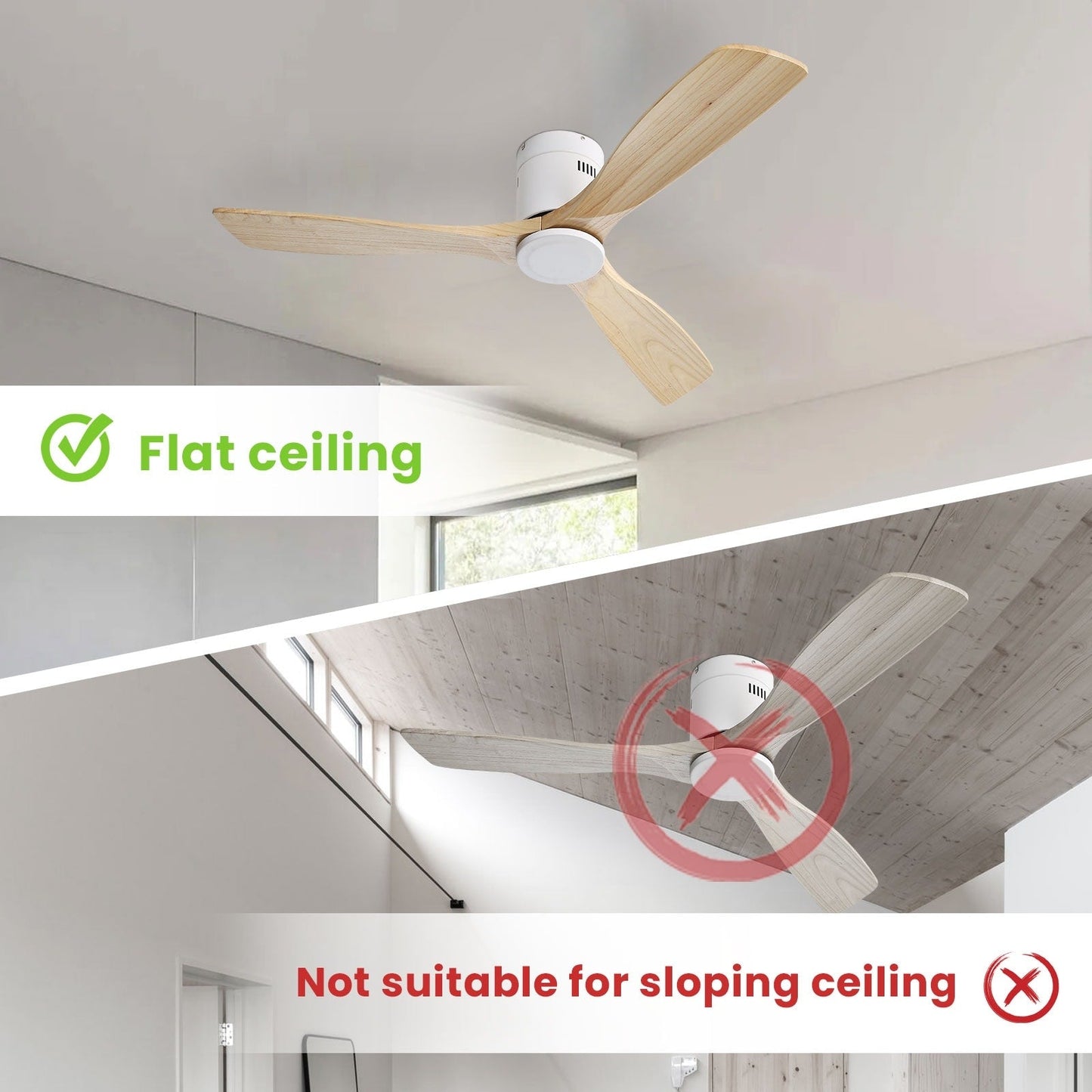 Ventilateur de plafond Sofucor à montage encastré de 52 pouces avec télécommande, moteur réversible, éclairage intégré en option.