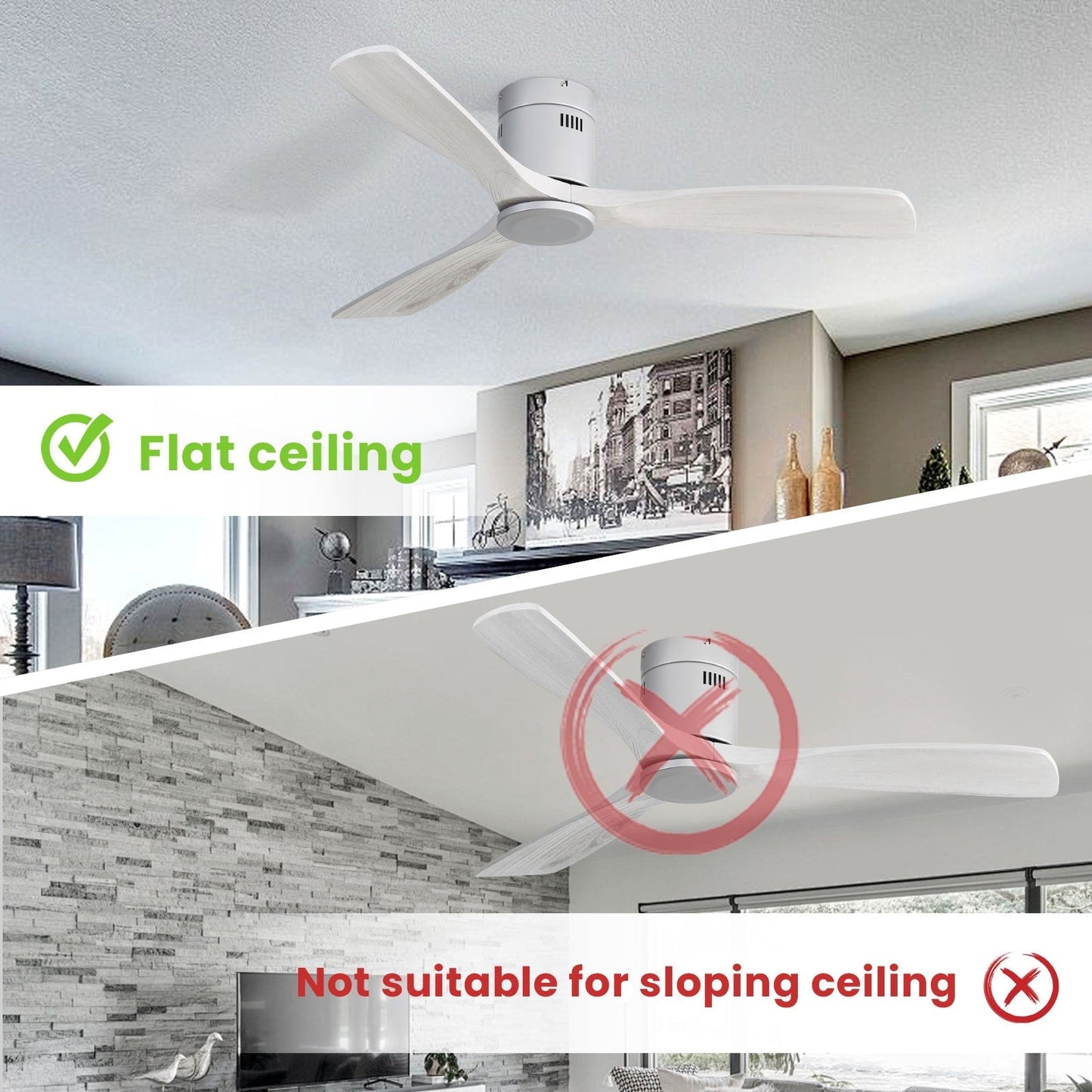Ventilateur de plafond Sofucor à montage encastré de 52 pouces avec télécommande, moteur réversible, éclairage intégré en option.