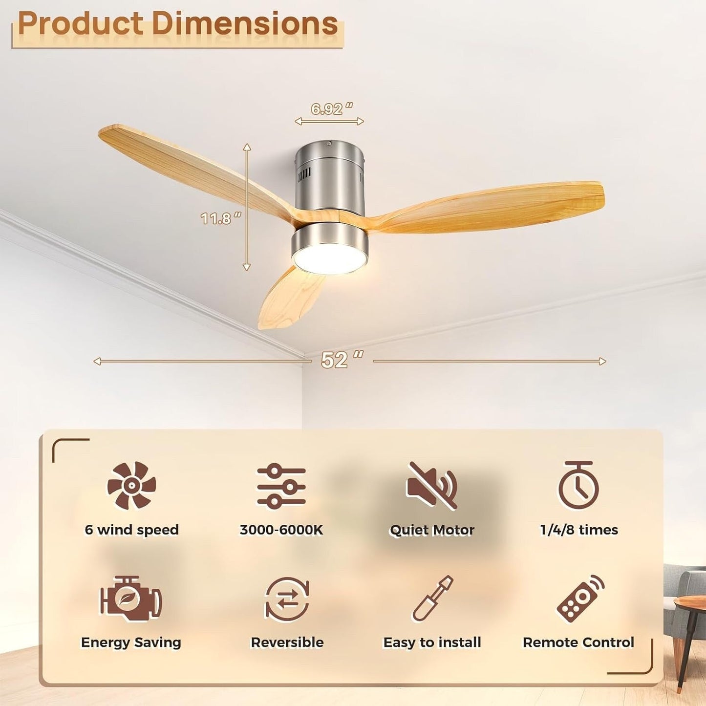 Ventilateur de plafond Sofucor à montage encastré de 52 pouces avec télécommande, moteur réversible, éclairage intégré en option.