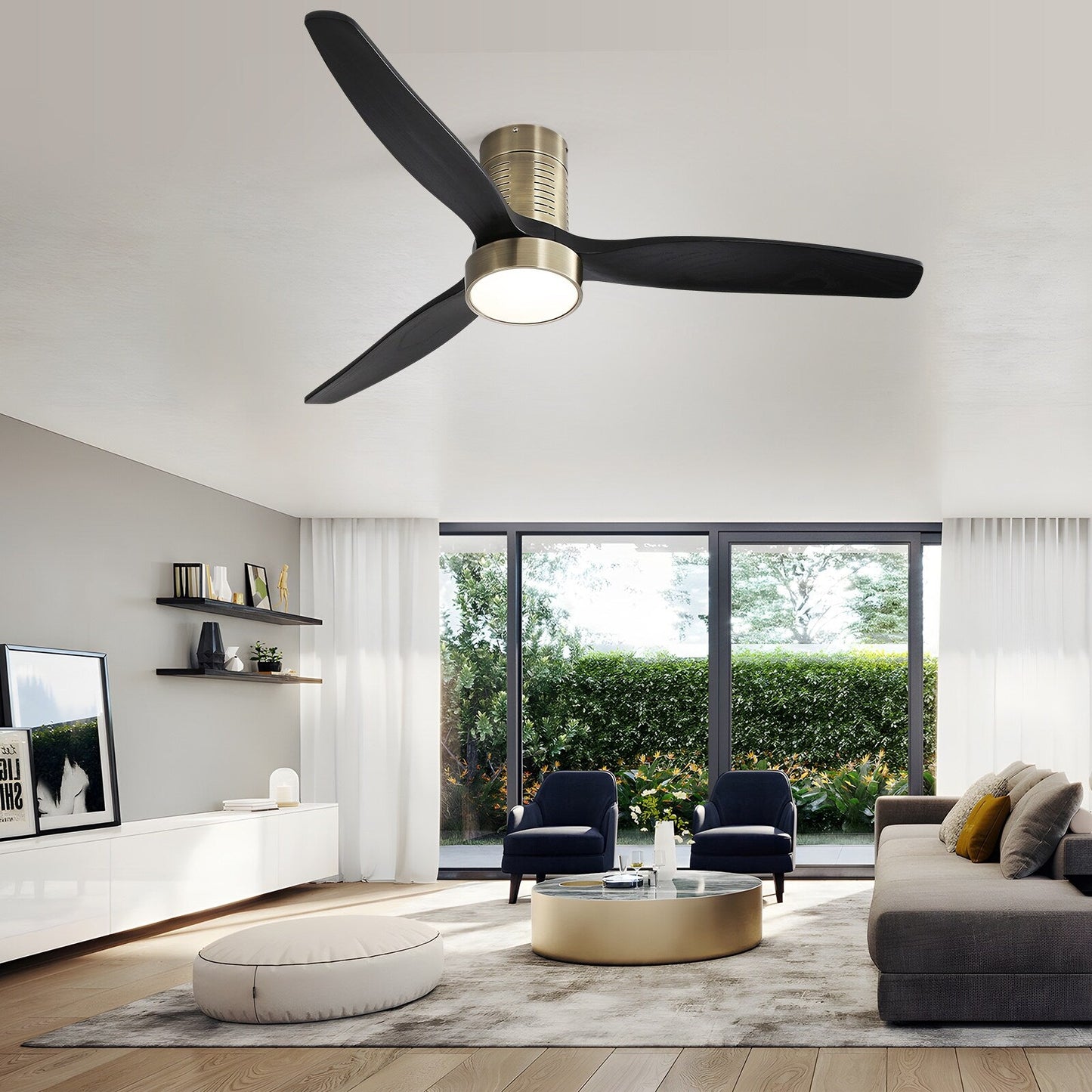 Ventilateur de plafond Sofucor à montage encastré de 52 pouces avec télécommande, moteur réversible, éclairage intégré en option.