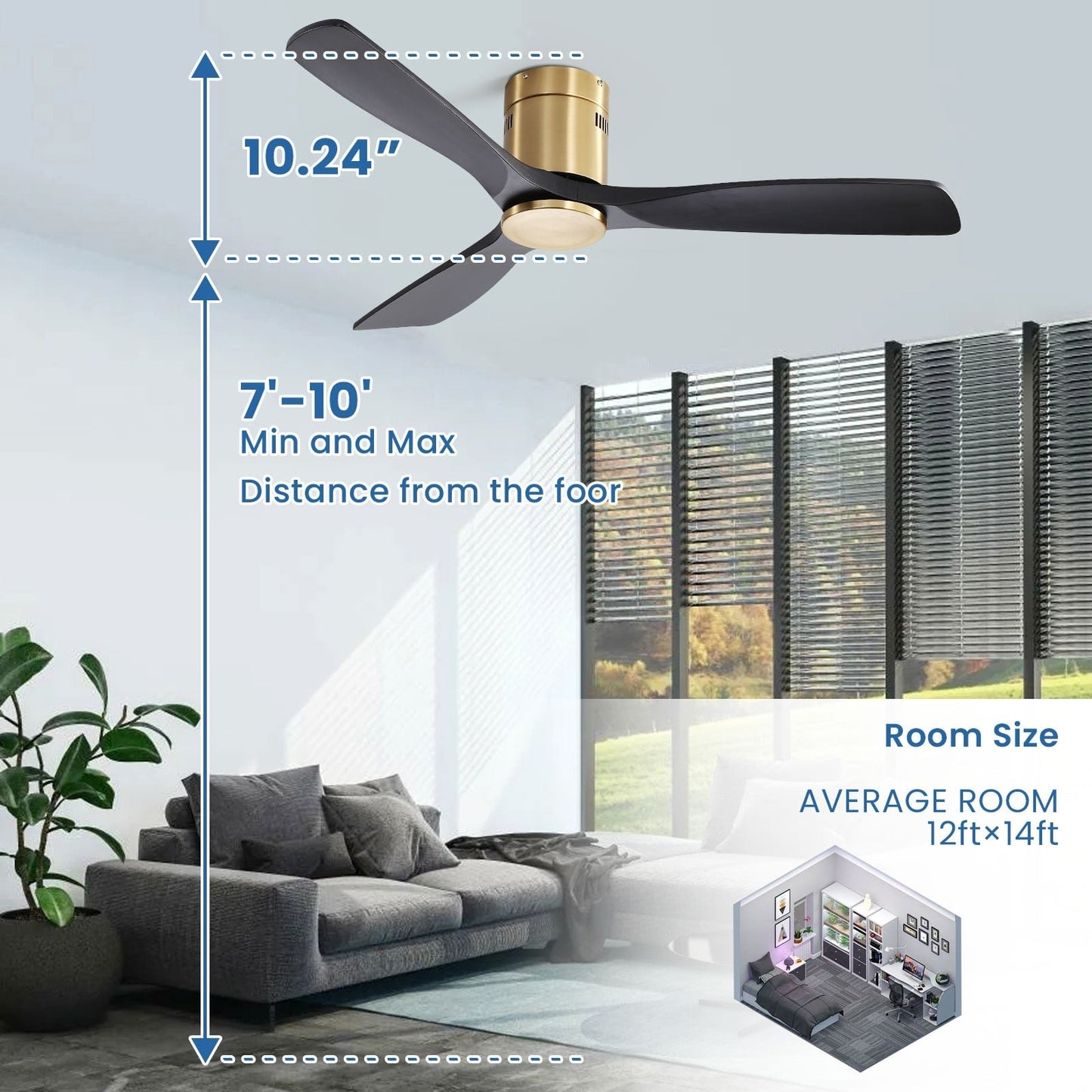Ventilateur de plafond Sofucor à montage encastré de 52 pouces avec télécommande, moteur réversible, éclairage intégré en option.