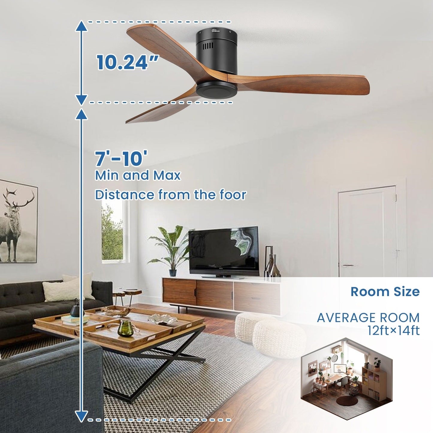 Ventilateur de plafond Sofucor à montage encastré de 52 pouces avec télécommande, moteur réversible, éclairage intégré en option.