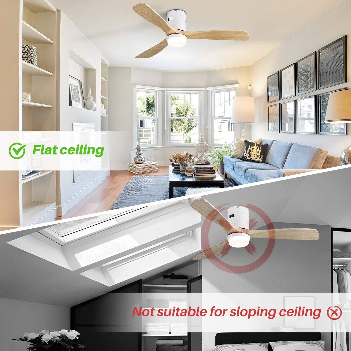 Ventilateur de plafond Sofucor à montage encastré de 52 pouces avec télécommande, moteur réversible, éclairage intégré en option.