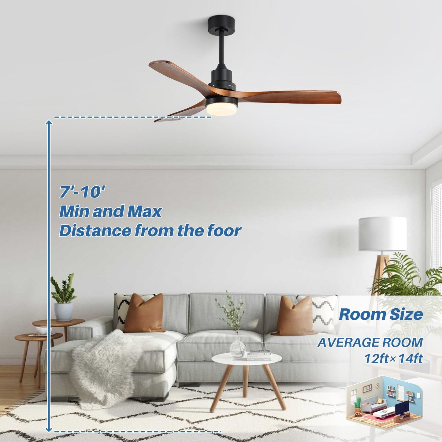 Ventilateur de plafond intérieur en bois Sofucor 52 avec télécommande, éclairage intégré en option.