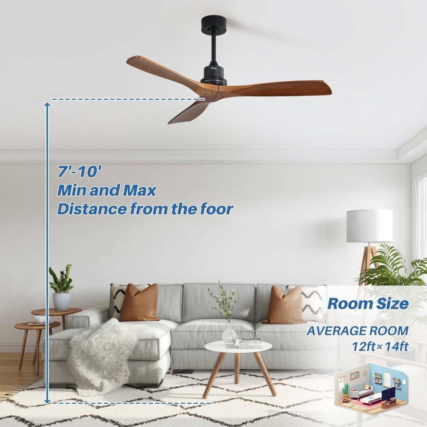 Ventilateur de plafond intérieur en bois Sofucor 52 avec télécommande, éclairage intégré en option.