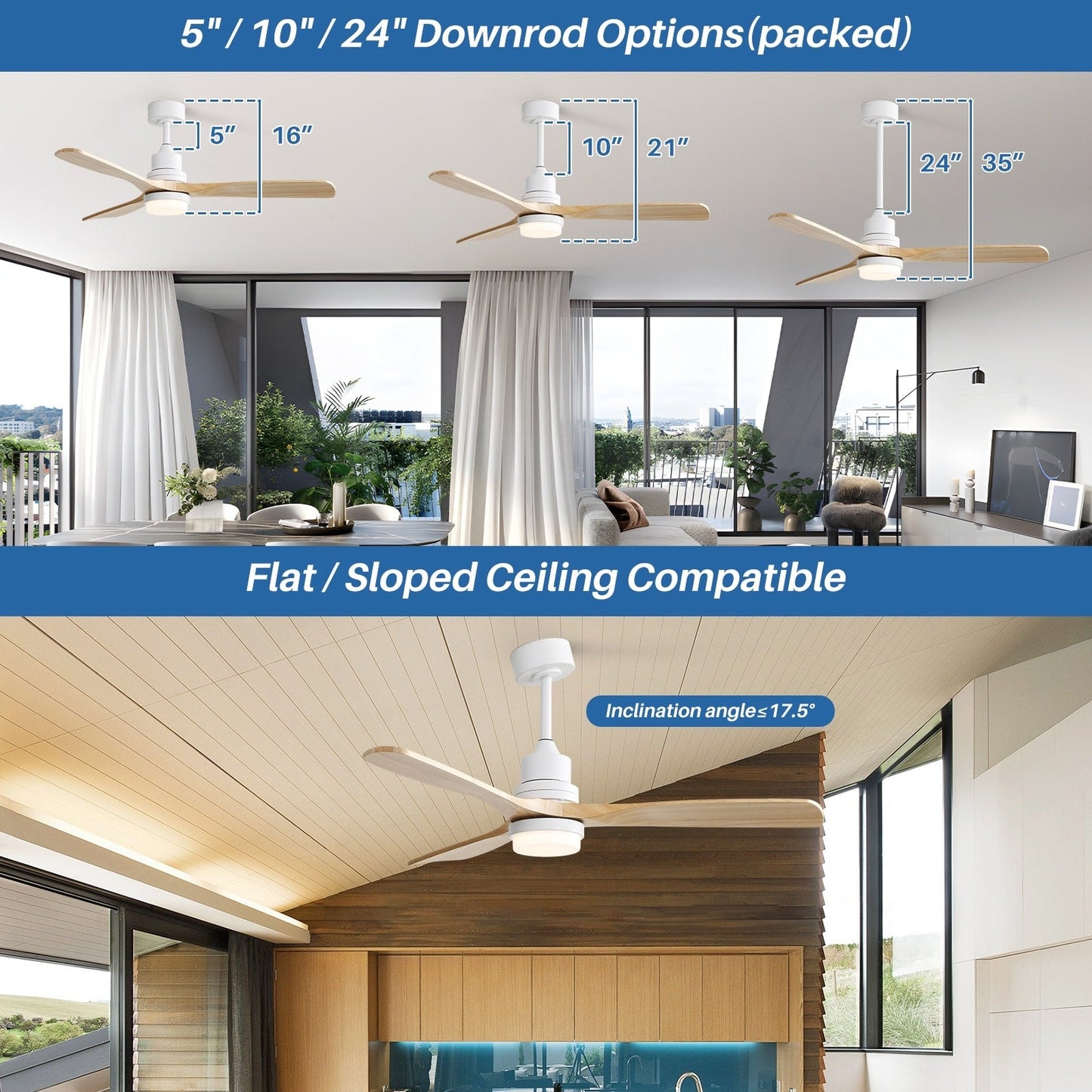 Ventilateur de plafond intérieur en bois Sofucor 52 avec télécommande, éclairage intégré en option.