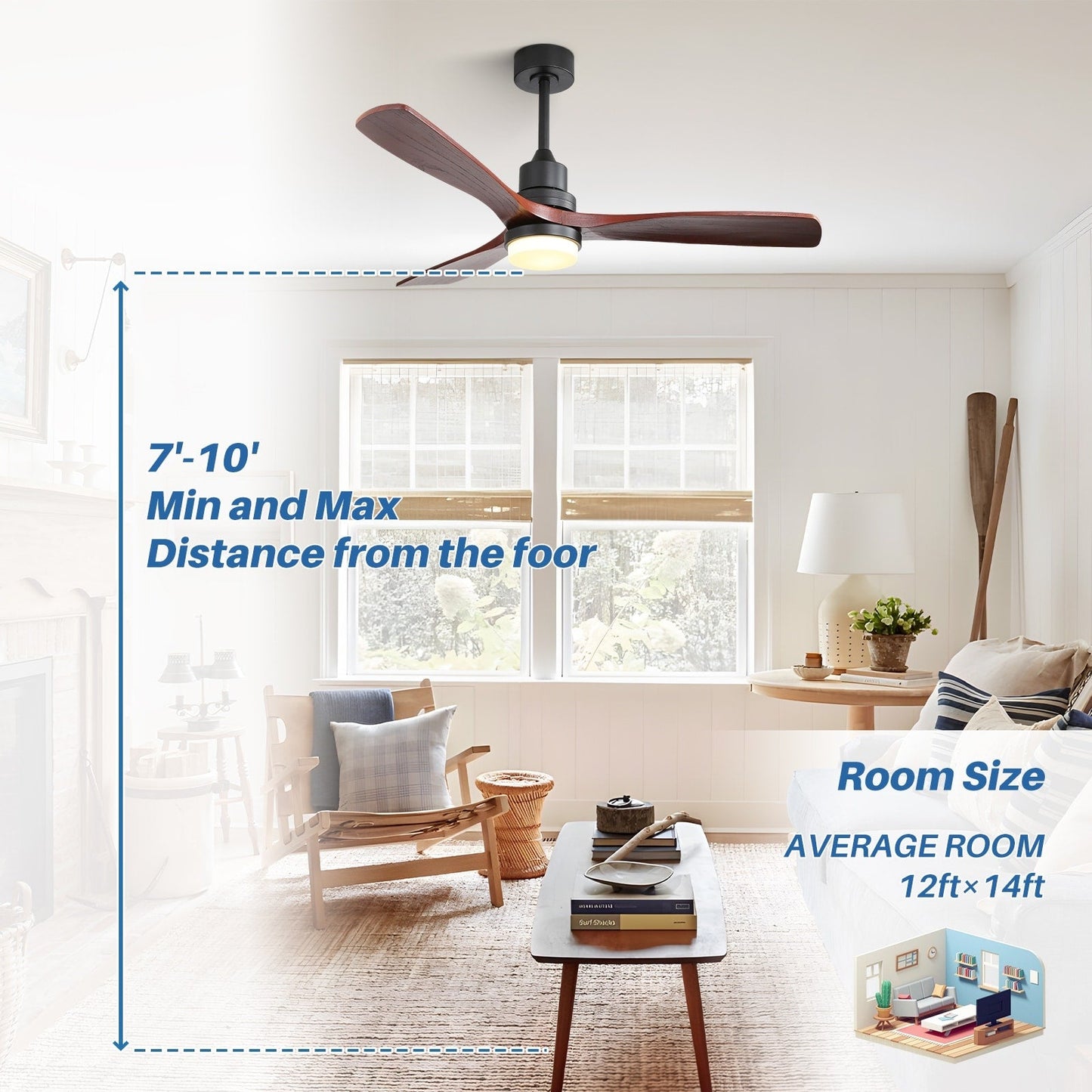 Ventilateur de plafond intérieur en bois Sofucor 52 avec télécommande, éclairage intégré en option.
