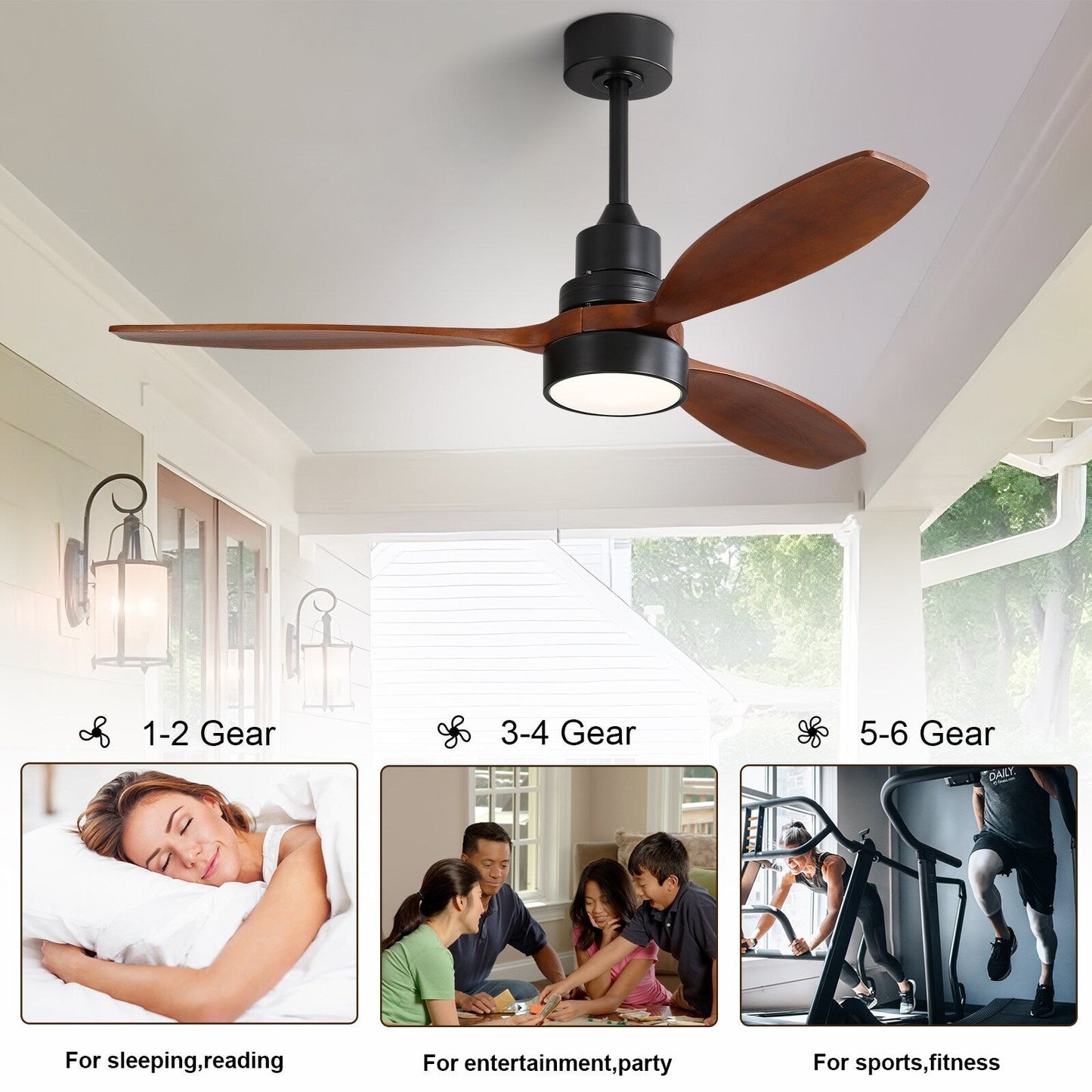 Ventilateur de plafond intérieur en bois Sofucor 52 avec télécommande, éclairage intégré en option.