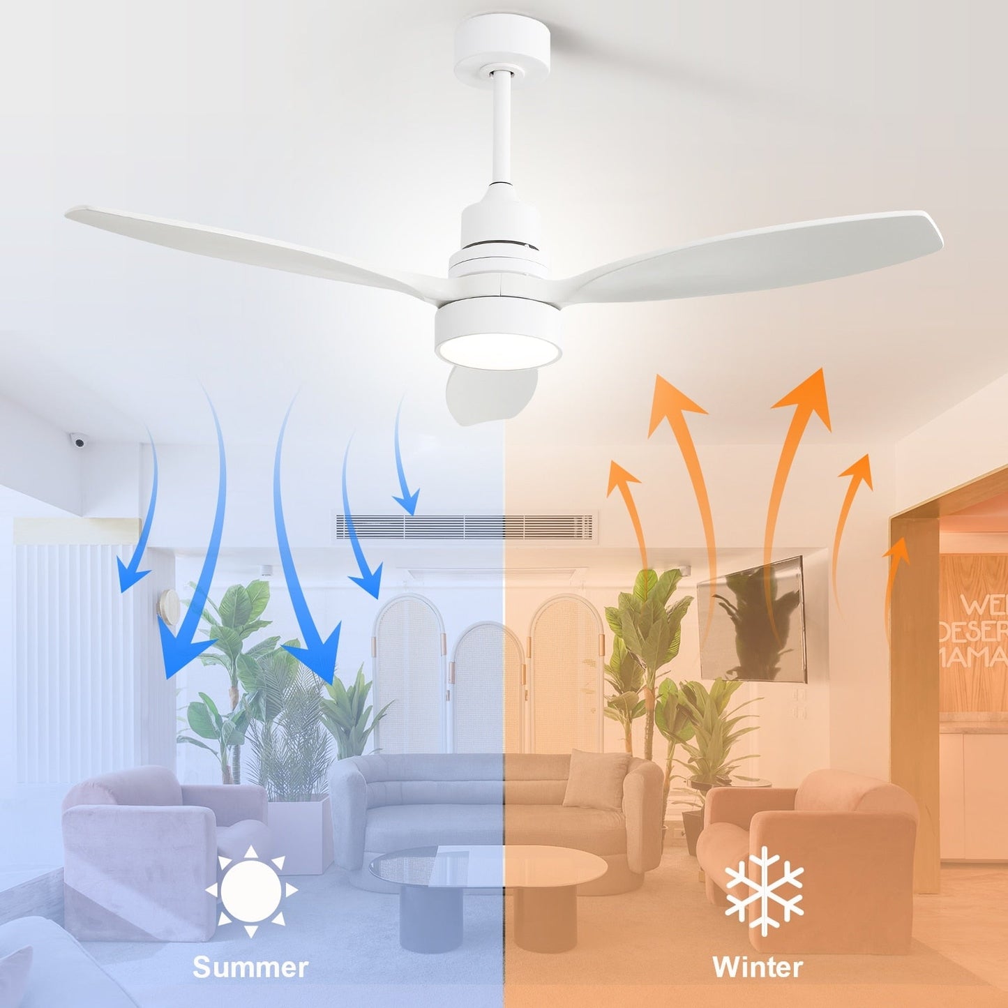 Ventilateur de plafond intérieur en bois Sofucor 52 avec télécommande, éclairage intégré en option.