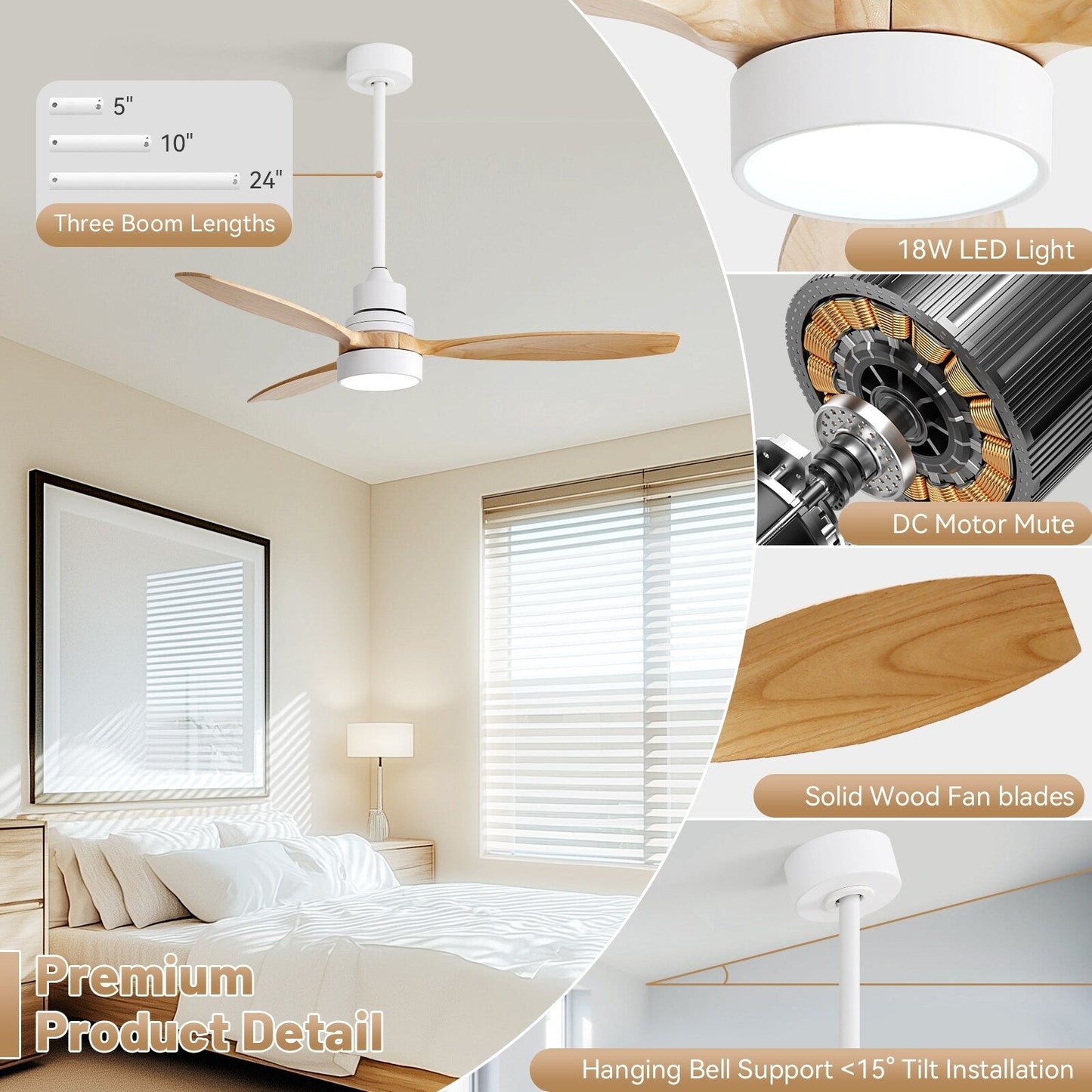 Ventilateur de plafond intérieur en bois Sofucor 52 avec télécommande, éclairage intégré en option.