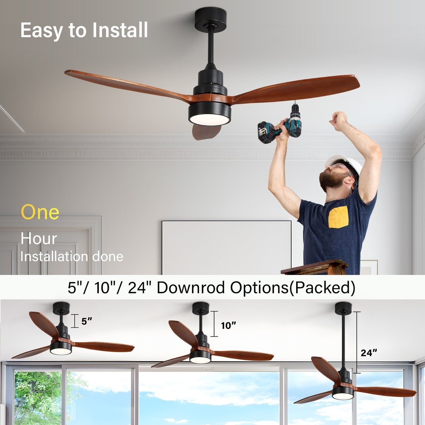 Ventilateur de plafond intérieur en bois Sofucor 52 avec télécommande, éclairage intégré en option.