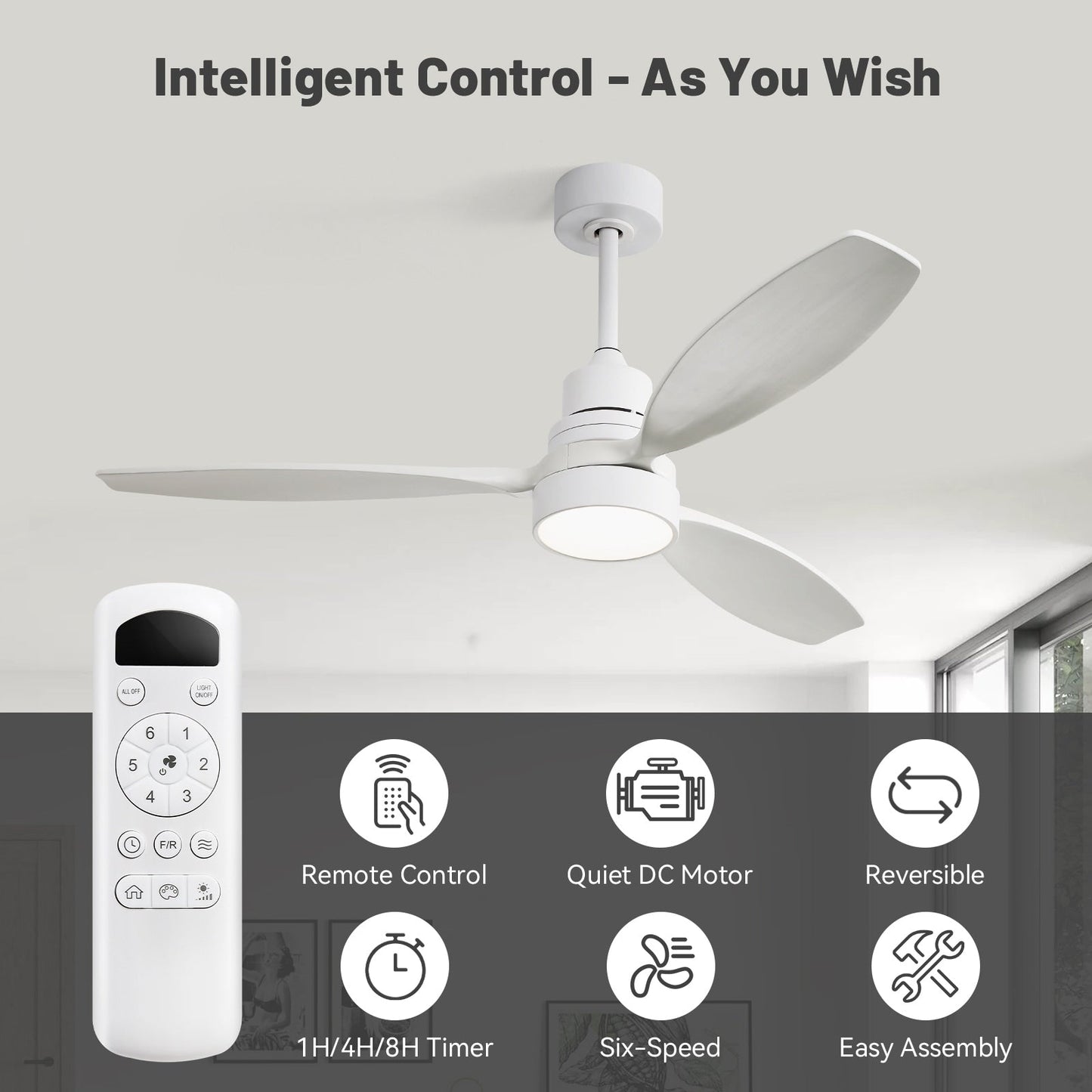 Ventilateur de plafond intérieur en bois Sofucor 52 avec télécommande, éclairage intégré en option.