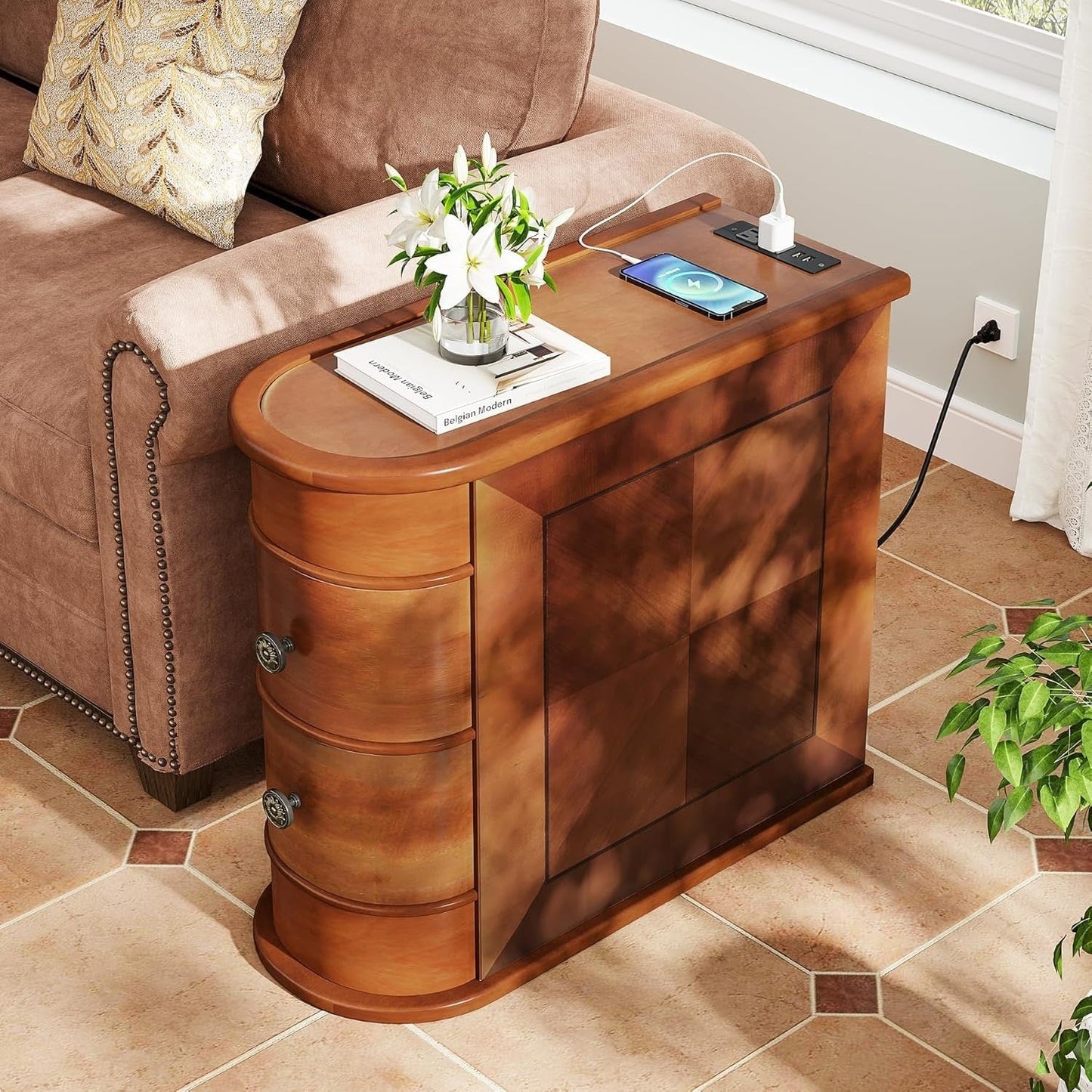 Table d'appoint en bois massif, table de chevet étroite à deux tiroirs, modèle Slim.