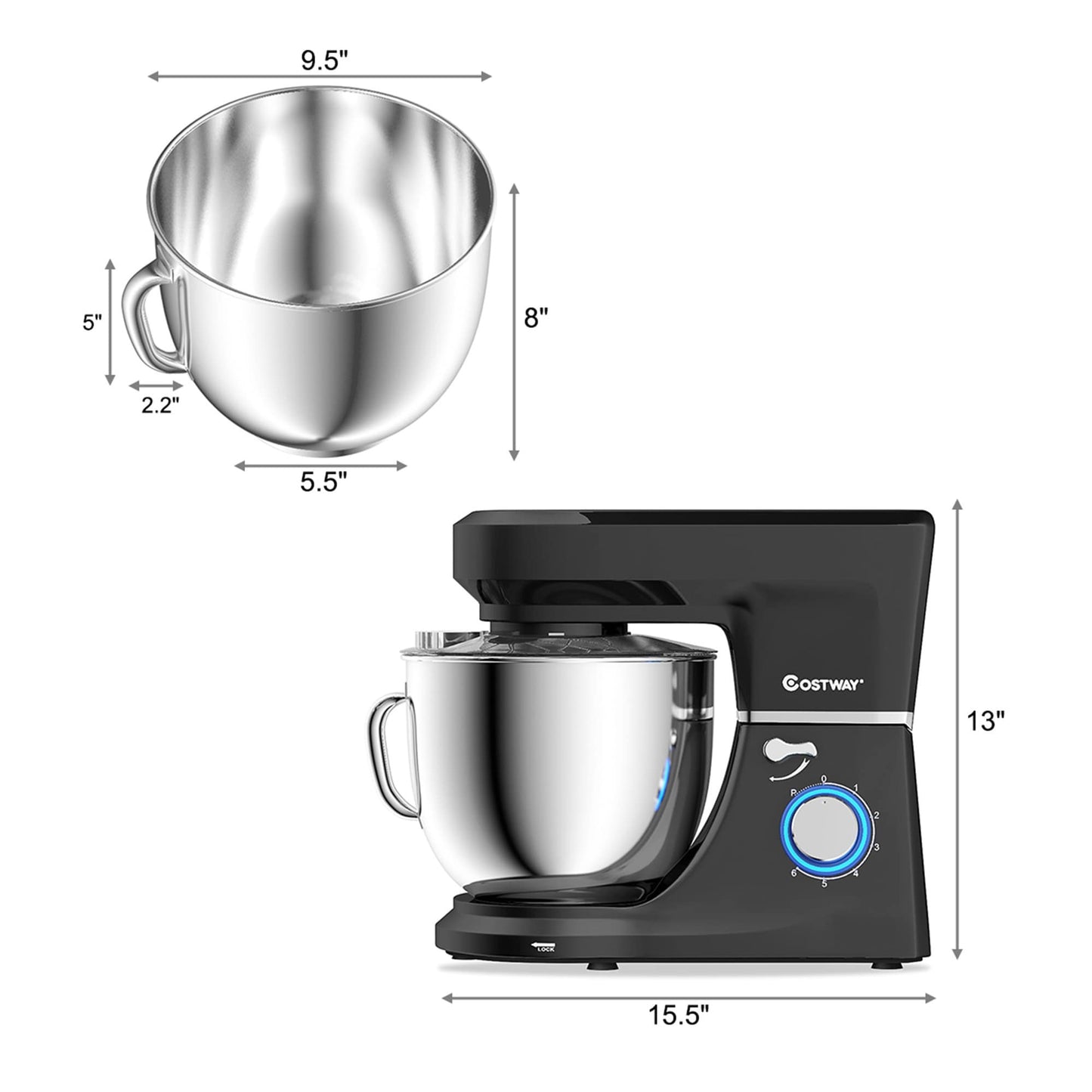Robot pâtissier 7,5 Qt, 6 vitesses, tête inclinable, avec batteur électrique