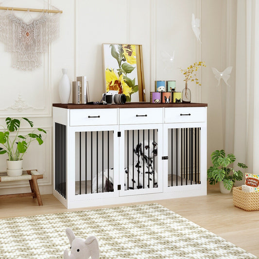 Meuble-cage pour chien en bois élégant avec rangement, 3 tiroirs