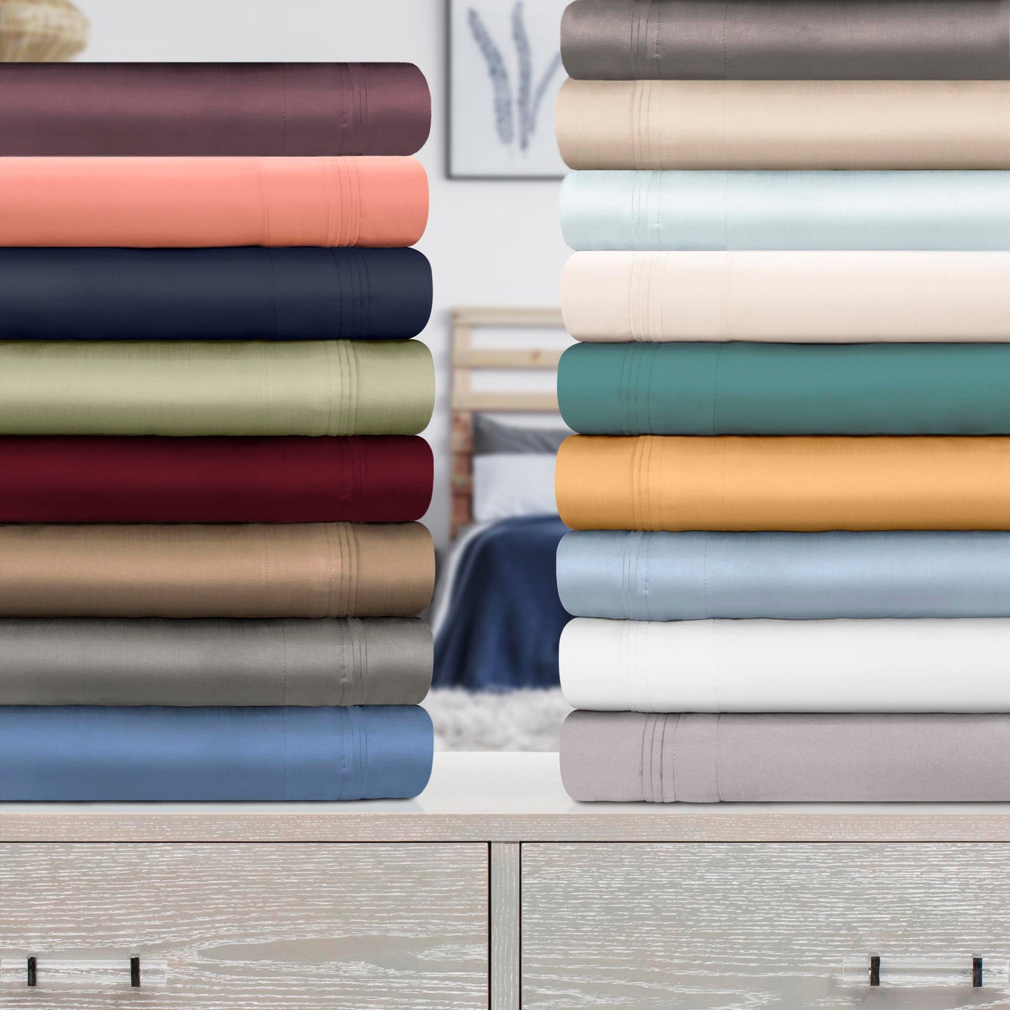 Jeu de draps uni en coton égyptien supérieur, 1000 fils, avec poche profonde.