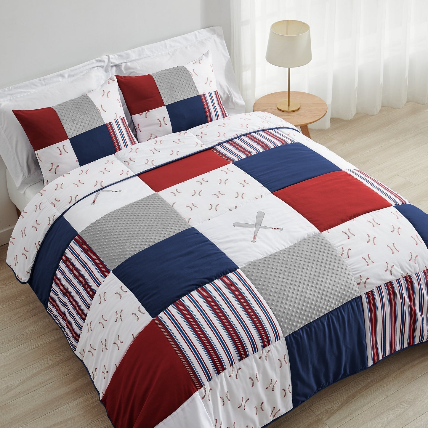 Sweet Jojo Designs Ensemble de Couette 3 Pièces pour Garçon, Motif Baseball, Rouge, Blanc et Bleu, Collection Sport, Taille Double/Queen