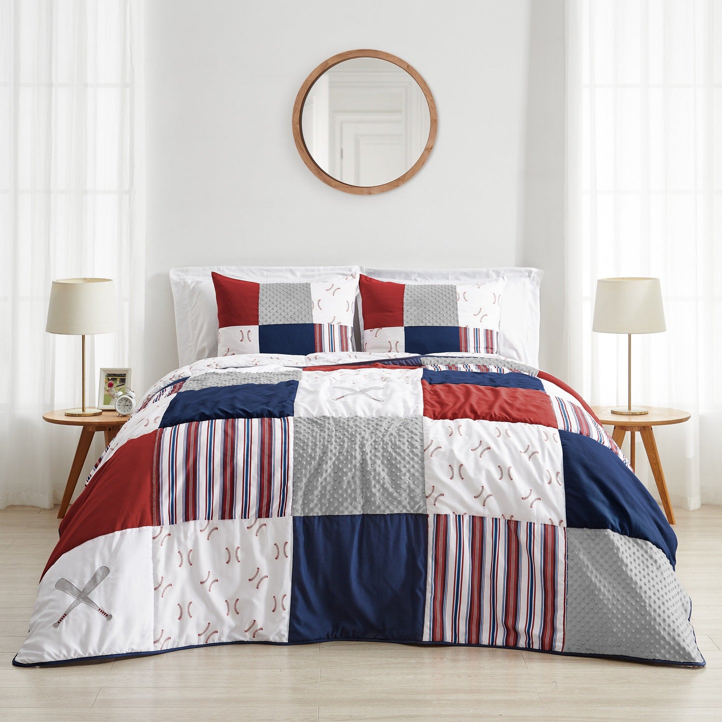 Sweet Jojo Designs Ensemble de Couette 3 Pièces pour Garçon, Motif Baseball, Rouge, Blanc et Bleu, Collection Sport, Taille Double/Queen