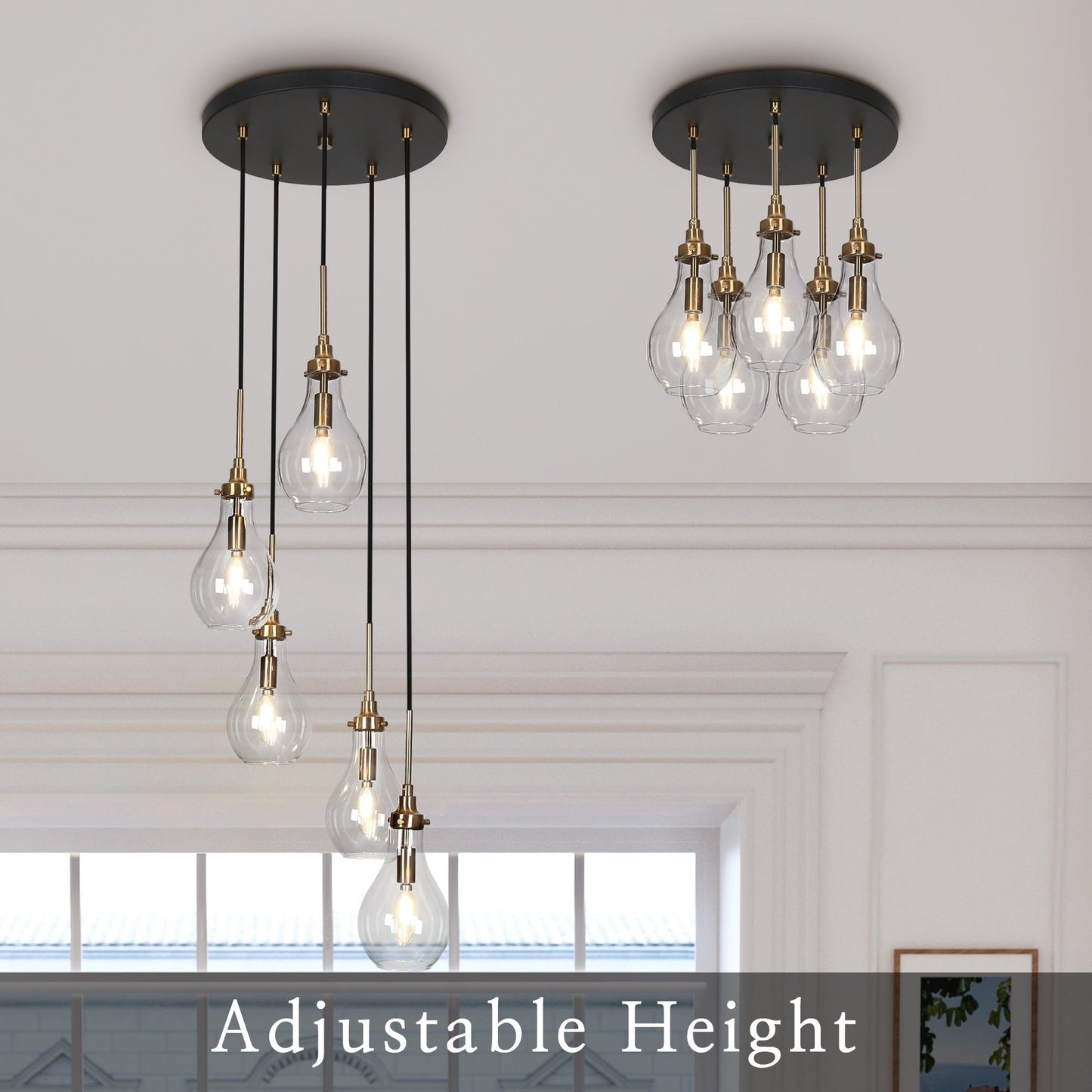 Synia Lustre moderne à 5 lumières en forme de goutte d'eau, suspension pour escalier, entrée, plafonds hauts - D15'' x H18.2-74.2''