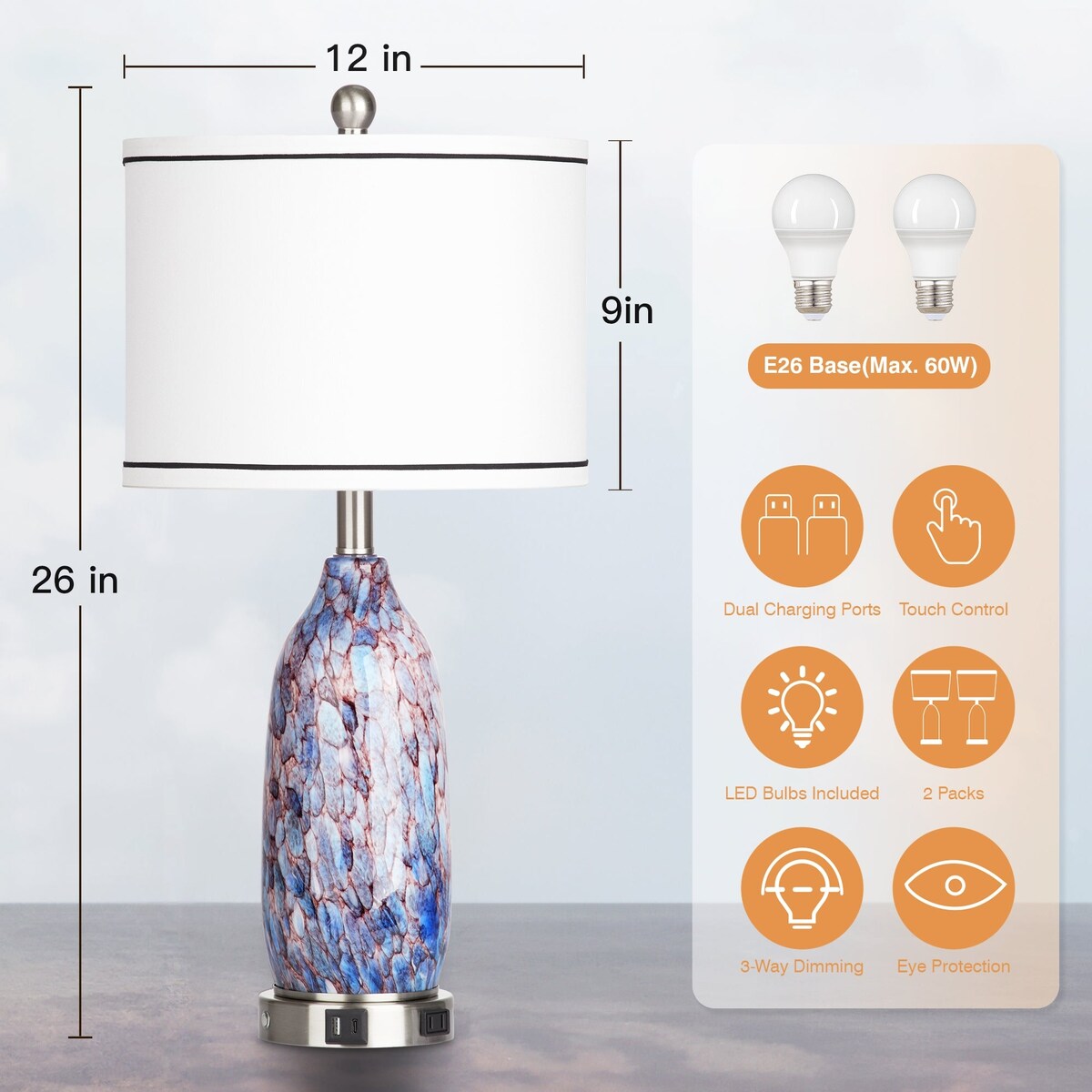 Lampe de table avec veilleuse 2 en 1, corps en verre indigo, ports de charge, prise secteur, abat-jour tambour, interrupteur tactile avec gradation (lot de 2)