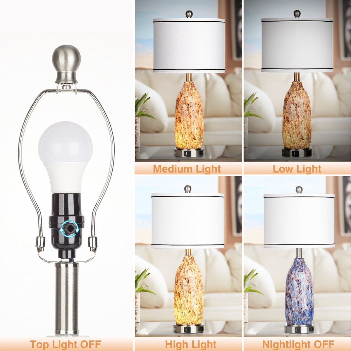 Lampe de table avec veilleuse 2 en 1, corps en verre indigo, ports de charge, prise secteur, abat-jour tambour, interrupteur tactile avec gradation (lot de 2)