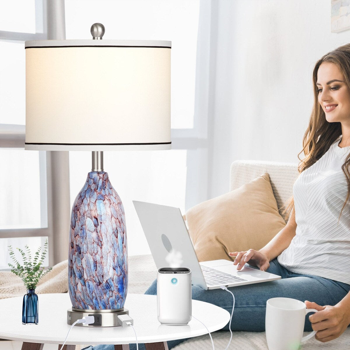 Lampe de table avec veilleuse 2 en 1, corps en verre indigo, ports de charge, prise secteur, abat-jour tambour, interrupteur tactile avec gradation (lot de 2)