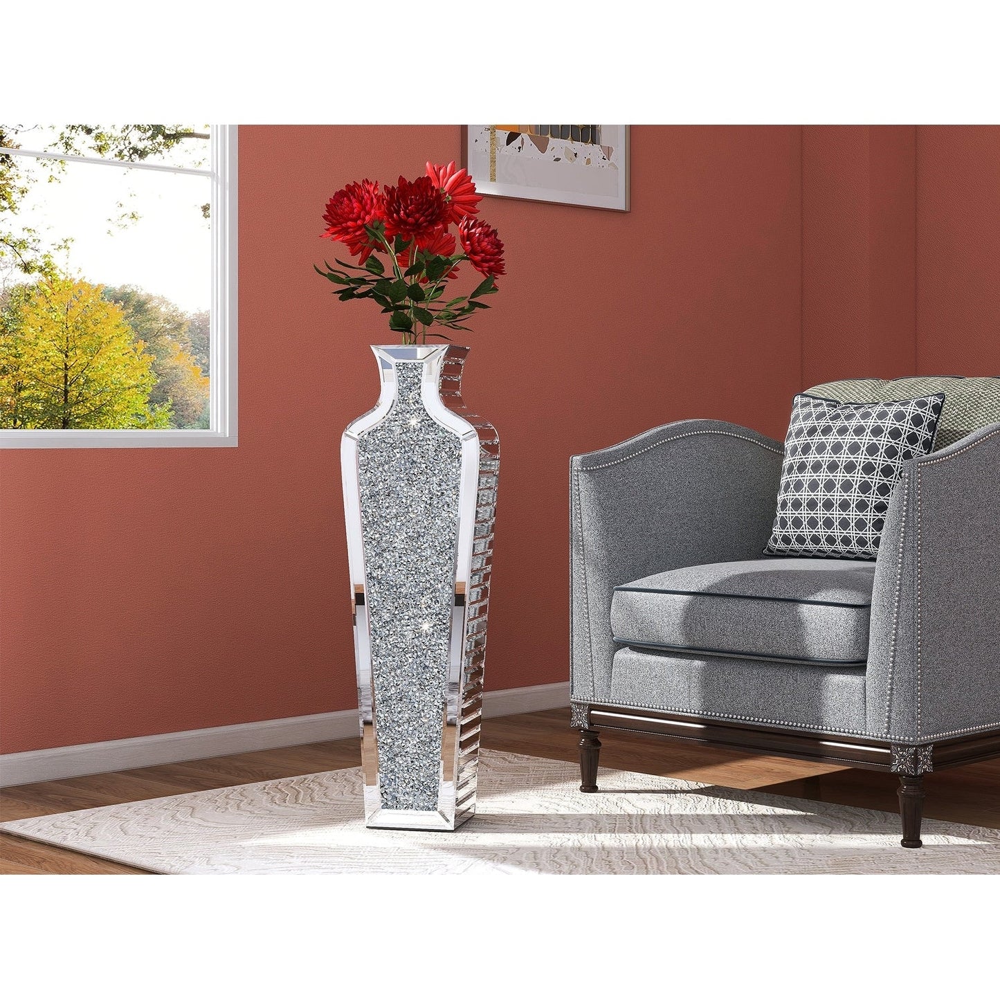 Grand vase de sol en verre concassé et décoré de diamants