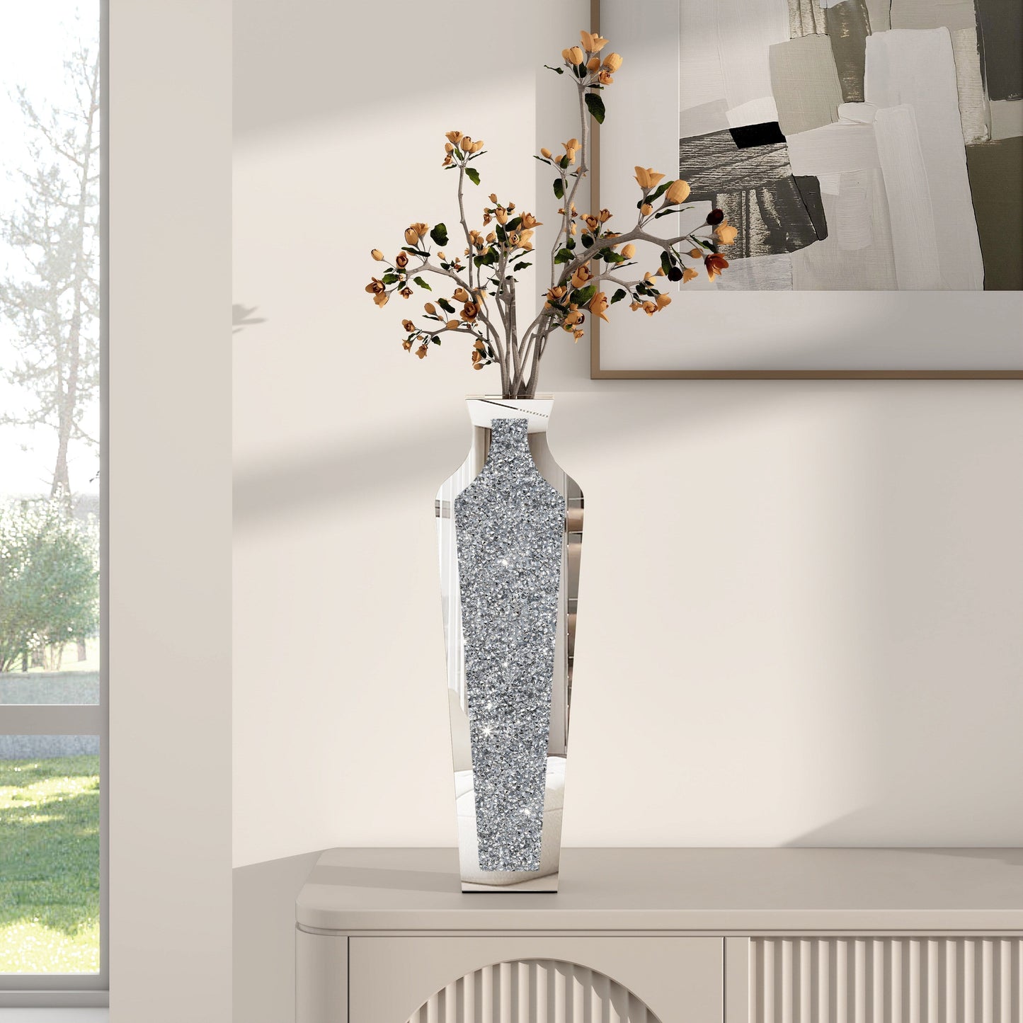 Grand vase de sol en verre concassé et décoré de diamants