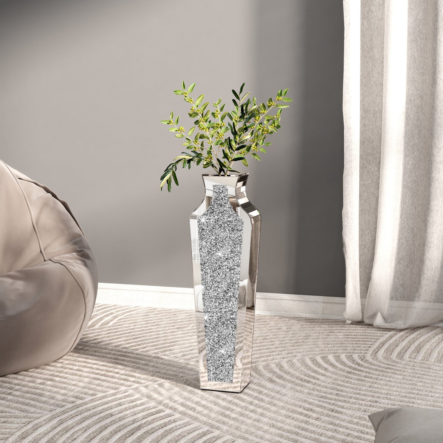 Grand vase de sol en verre concassé et décoré de diamants