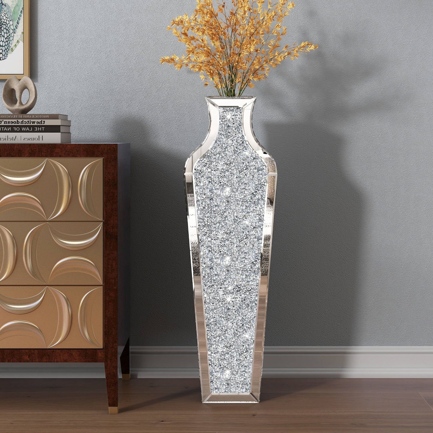 Grand vase de sol en verre concassé et décoré de diamants