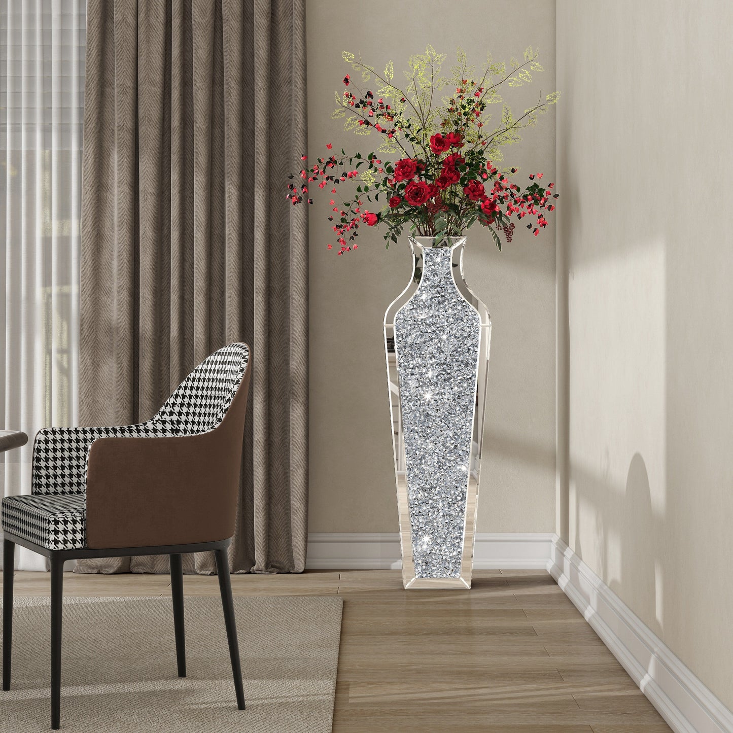 Grand vase de sol en verre concassé et décoré de diamants