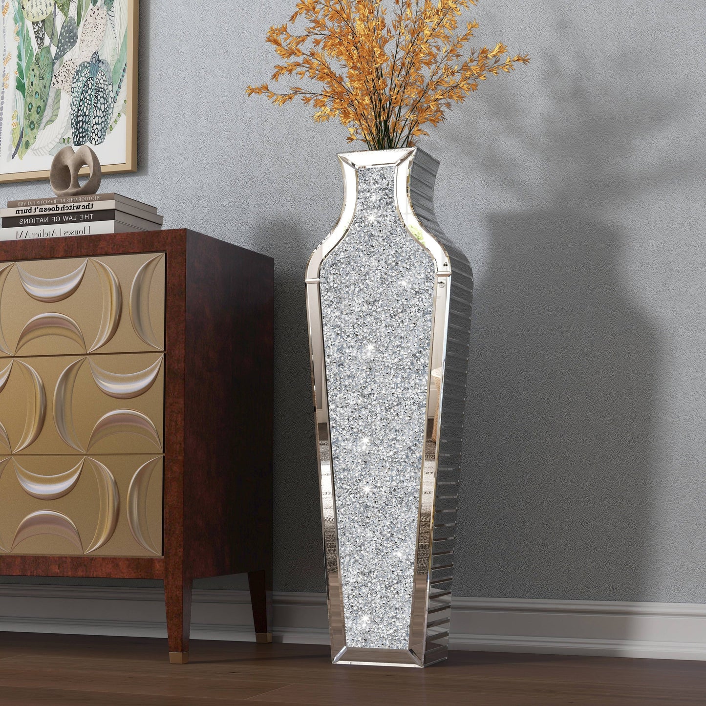 Grand vase de sol en verre concassé et décoré de diamants
