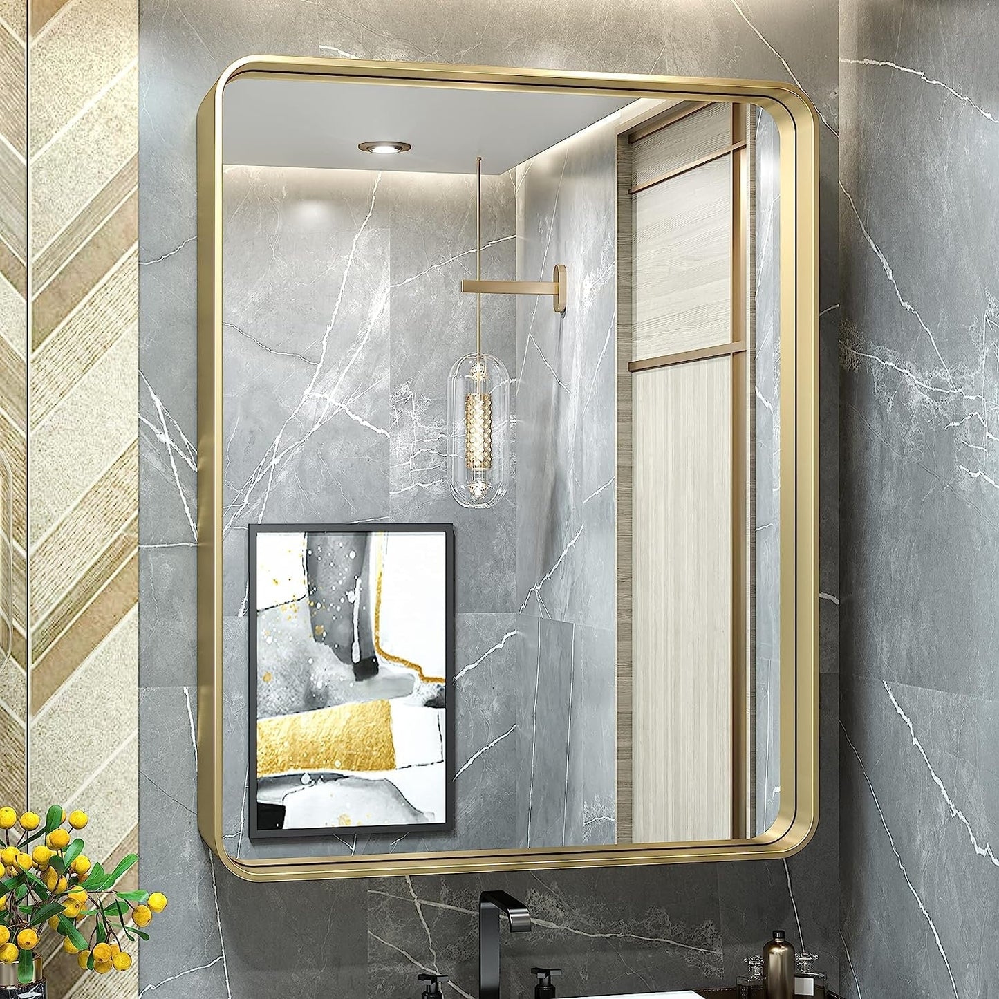 TokeShimi Miroir mural de salle de bain avec cadre métallique moderne