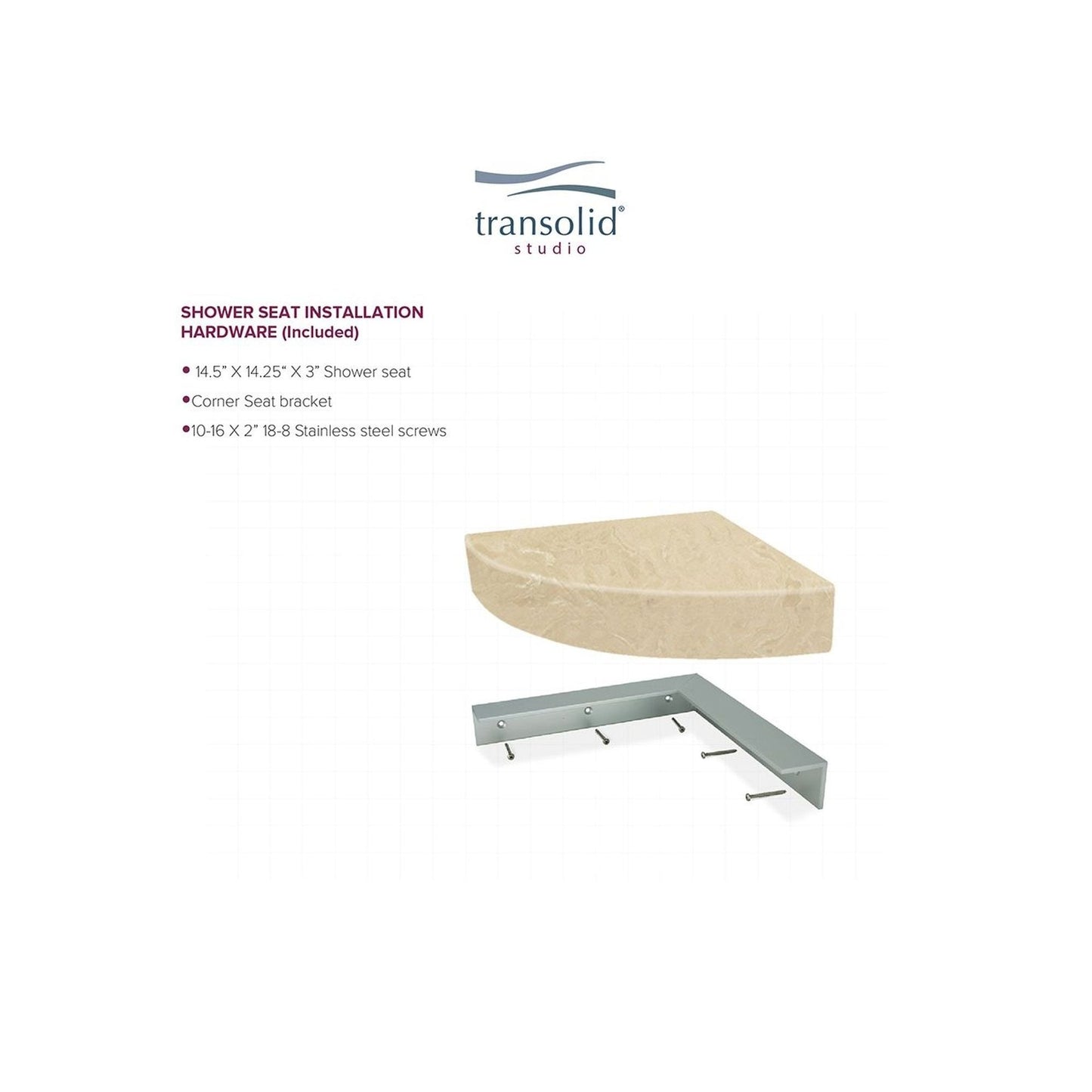 Transolid Studio, siège de douche d'angle mural en surface solide, 14 po x 14 po - 14,5 x 14,25 x 3